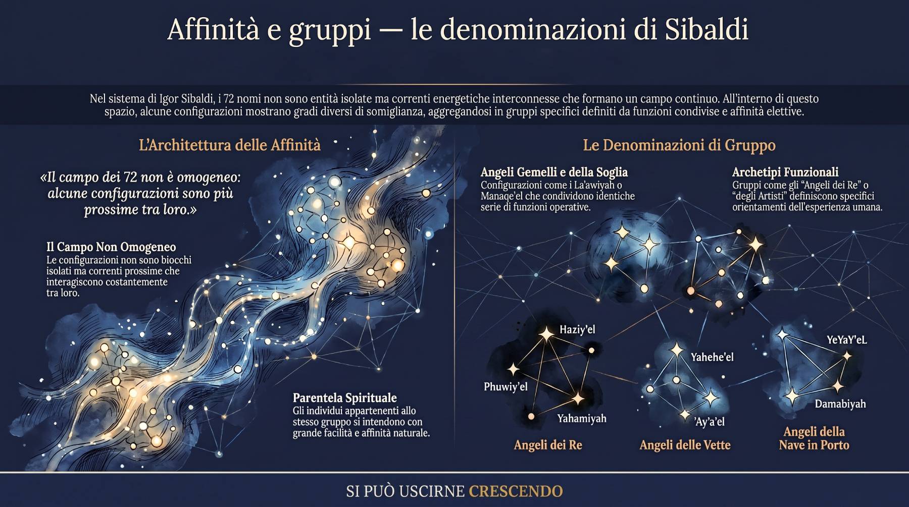 Infografica affinità e gruppi nel campo dei settantadue: cluster di configurazioni energetiche prossime.