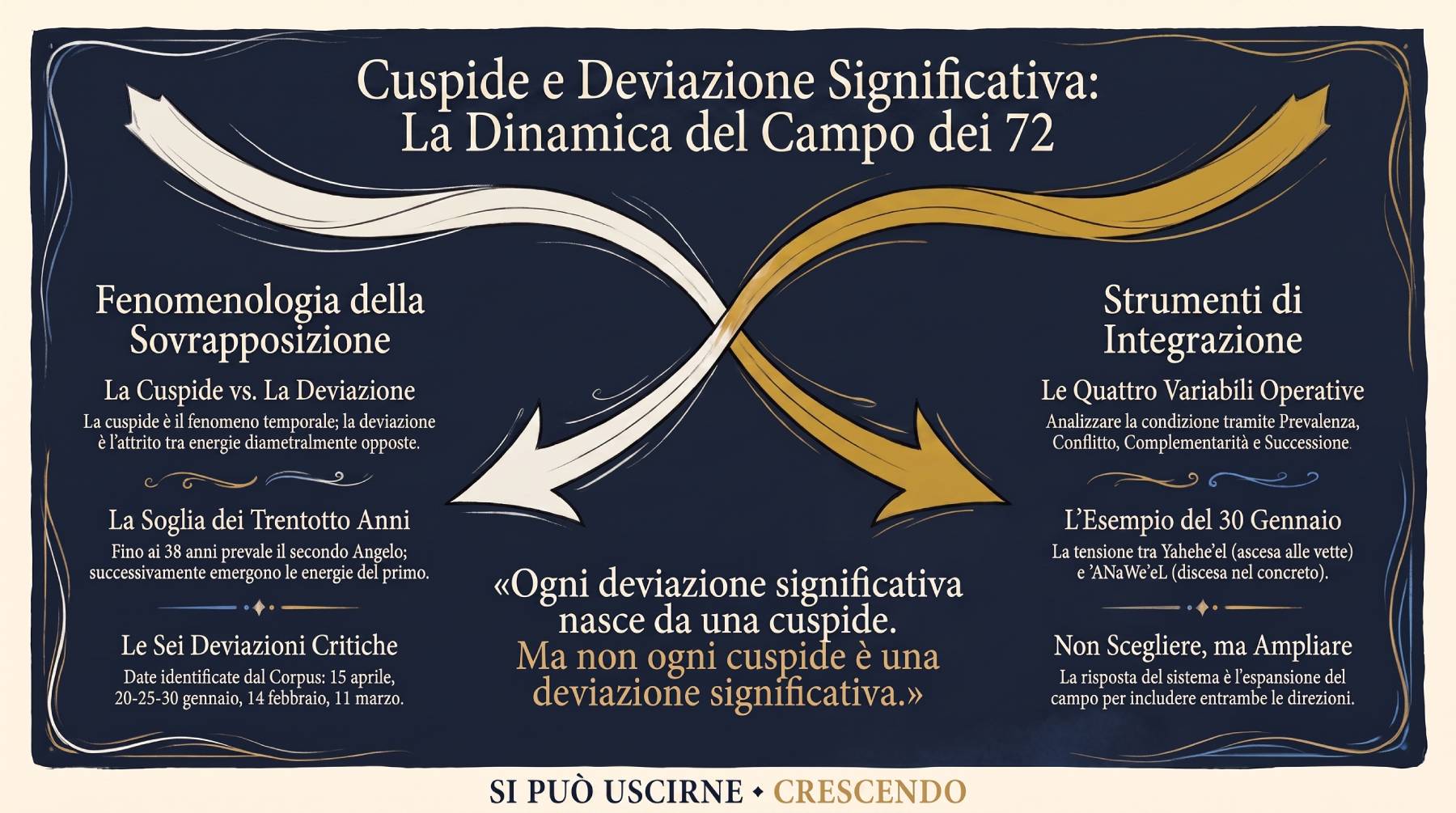 Infografica cuspide e deviazione significativa: due vettori divergenti che si incontrano in un punto.