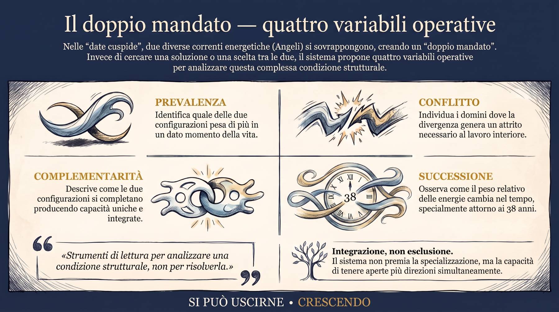 Infografica doppio mandato: quattro variabili operative del Corpus — prevalenza, conflitto, complementarità, successione.