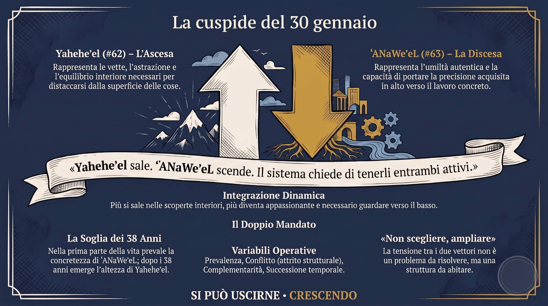 Infografica cuspide del 30 gennaio: Yahehe'el e ʼANaWeʼeL, due movimenti divergenti.