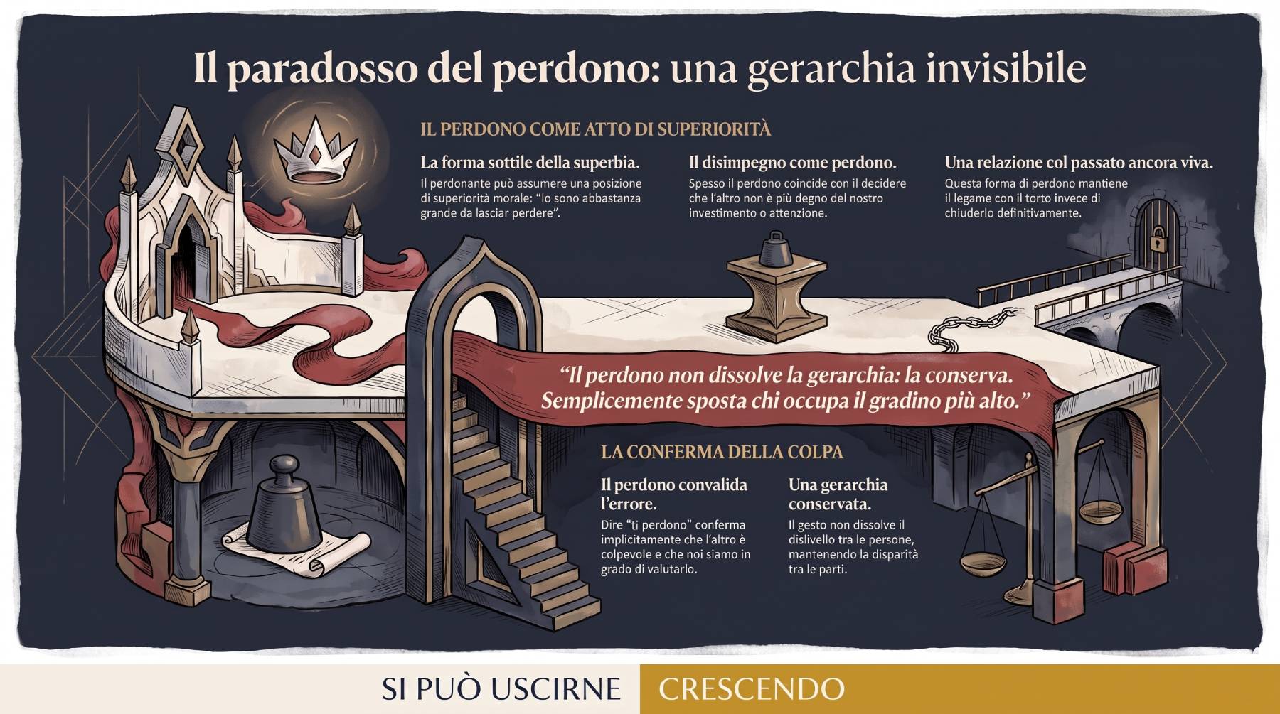Infografica Sezione 1 — Il problema nascosto del perdono: il perdono non dissolve la gerarchia, la conserva. Struttura gerarchica stilizzata con due livelli asimmetrici.