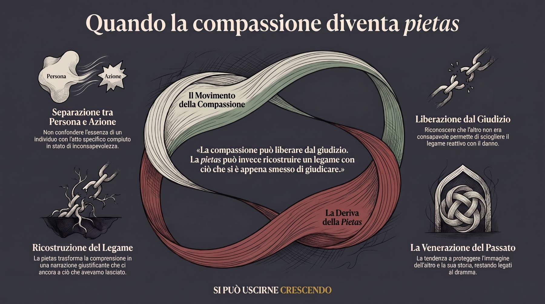 Infografica Sezione 3 — Quando la compassione diventa pietas: comprensione che si richiude in venerazione. Forma aperta che si avvolge su ciò che stava lasciando andare.