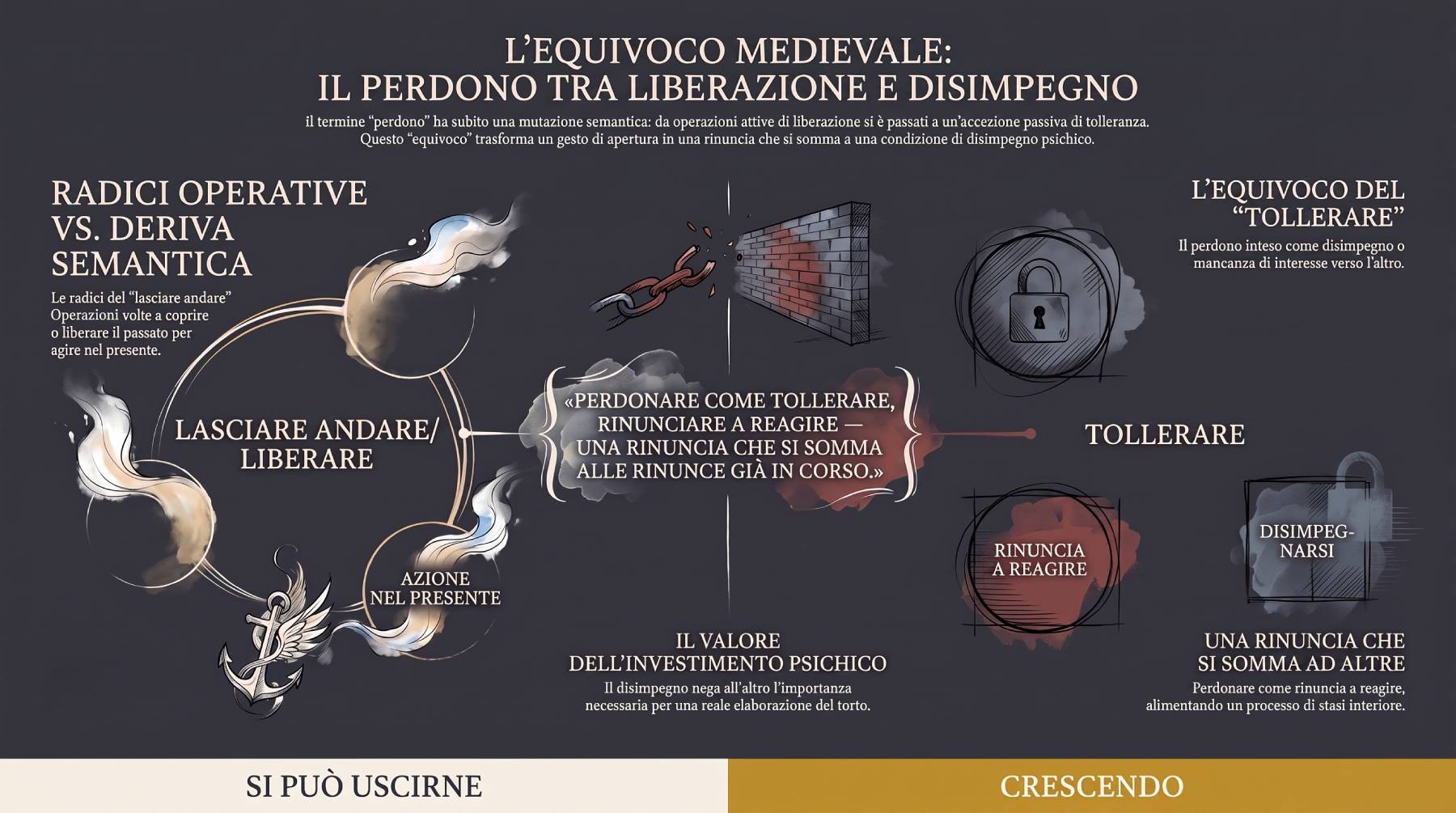 Infografica Sezione 5 — L'equivoco medievale: perdonare come tollerare, una rinuncia che si somma alle rinunce. Mappa semantica che contrappone lasciare andare a tollerare.