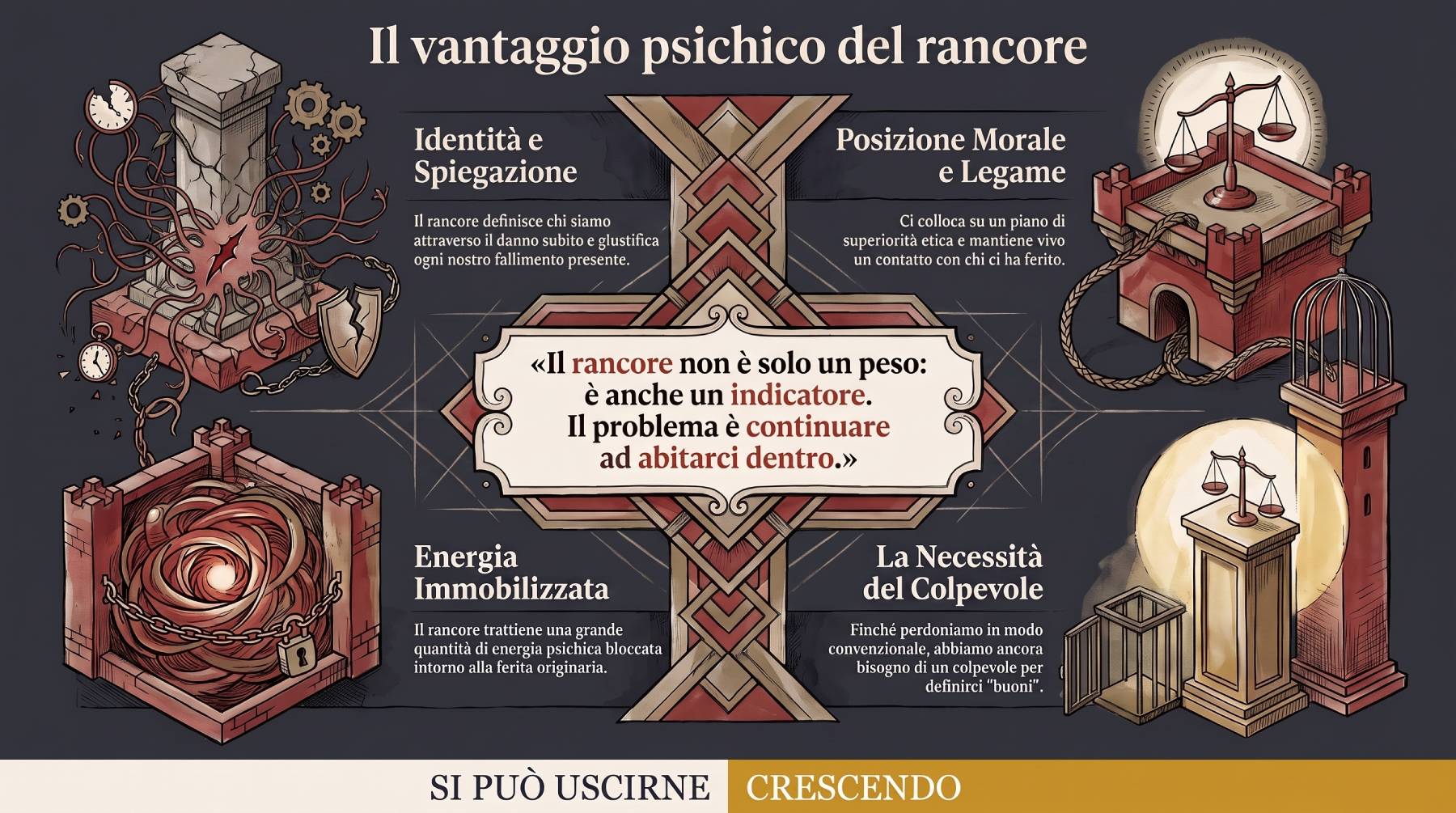 Infografica Sezione 6 — Il vantaggio psichico del rancore: identità, spiegazione, posizione morale, legame. Schema dei quattro vantaggi che il rancore fornisce.