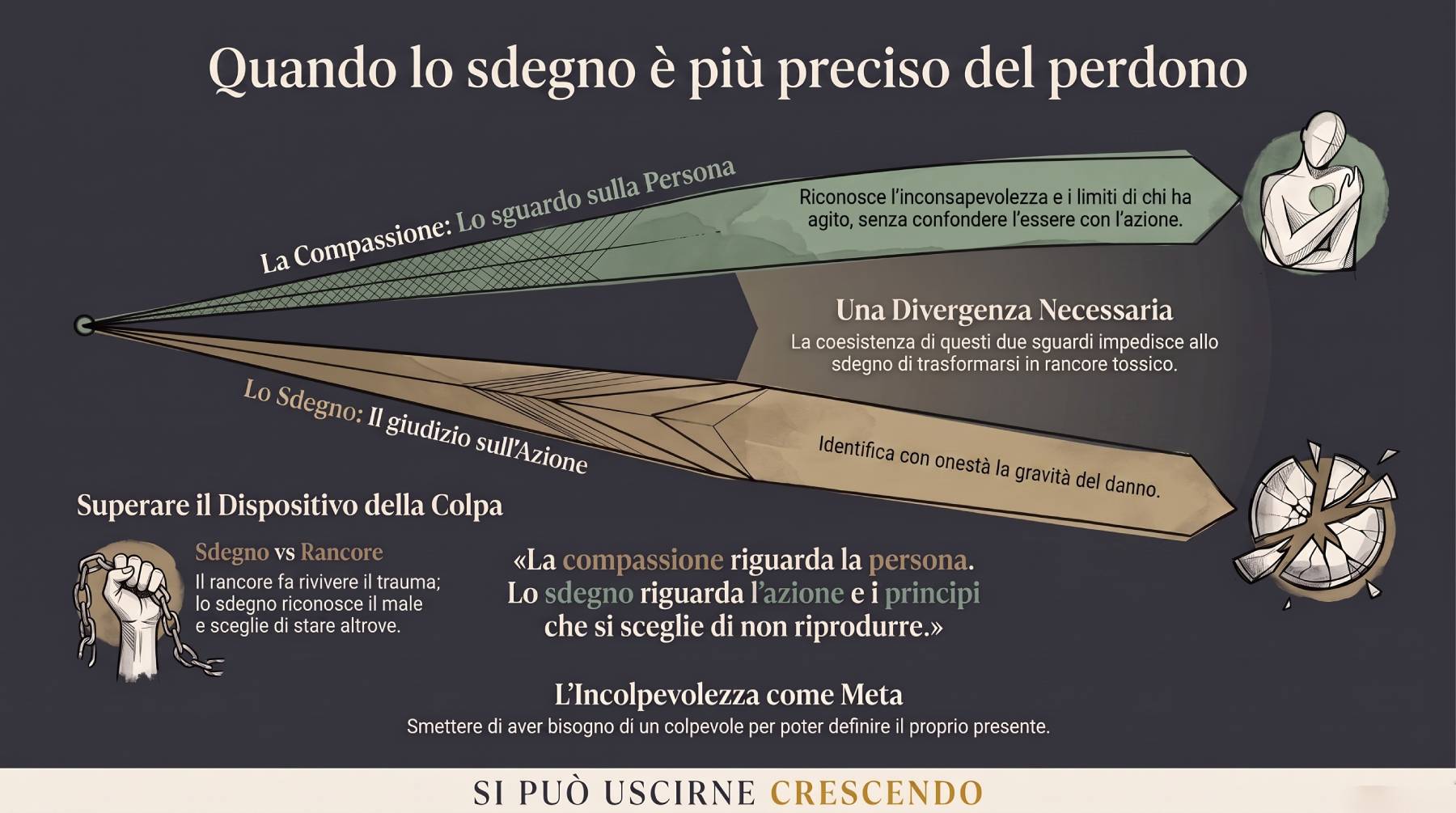 Infografica Sezione 7 — Sdegno e compassione: la compassione riguarda la persona, lo sdegno l'azione. Due vettori distinti che partono dallo stesso punto e divergono.