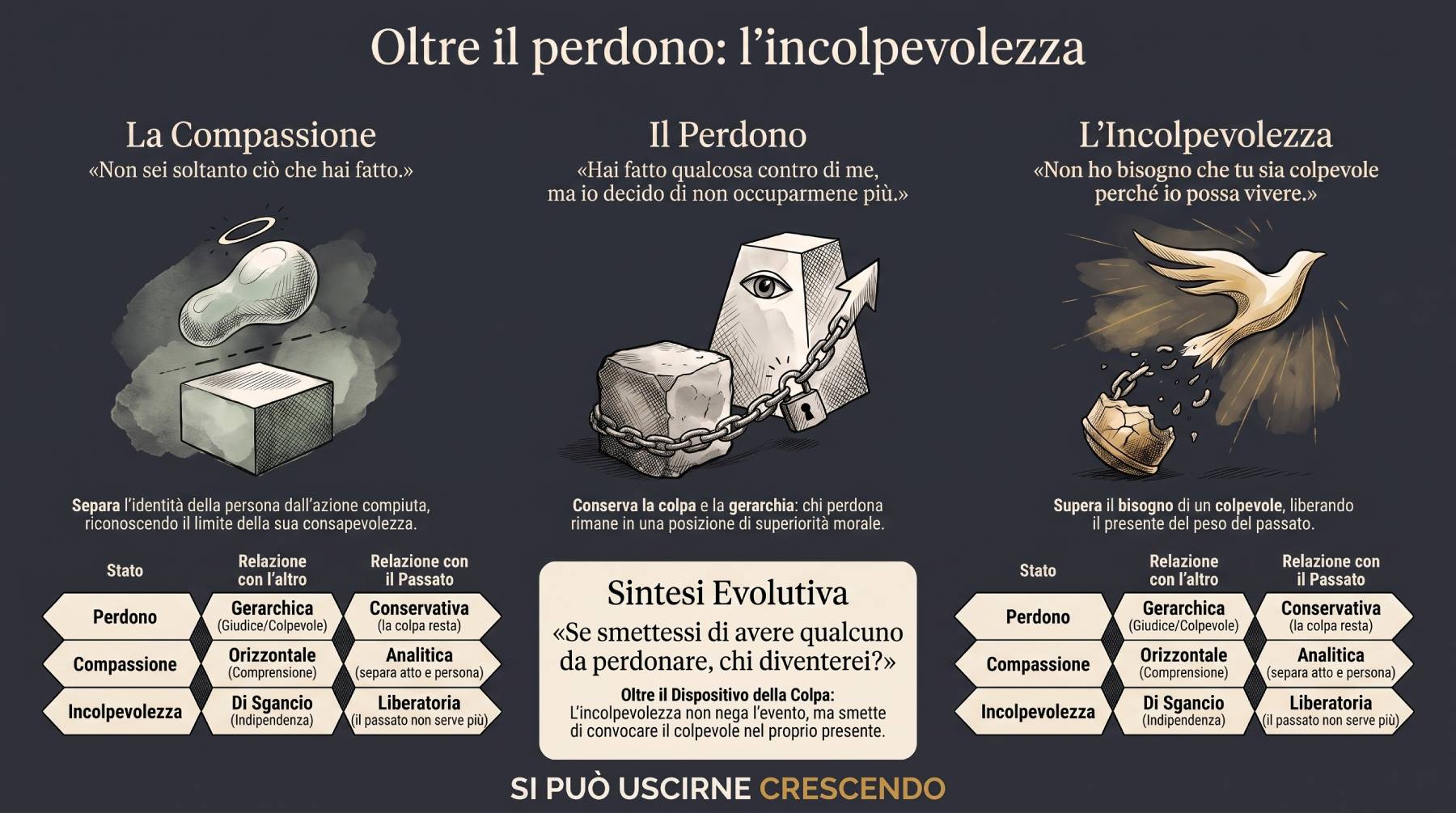Infografica Sezione 8 — L'incolpevolezza: non ho bisogno che tu sia colpevole per vivere. Tavola sinottica con le tre strutture: compassione, perdono convenzionale, incolpevolezza.