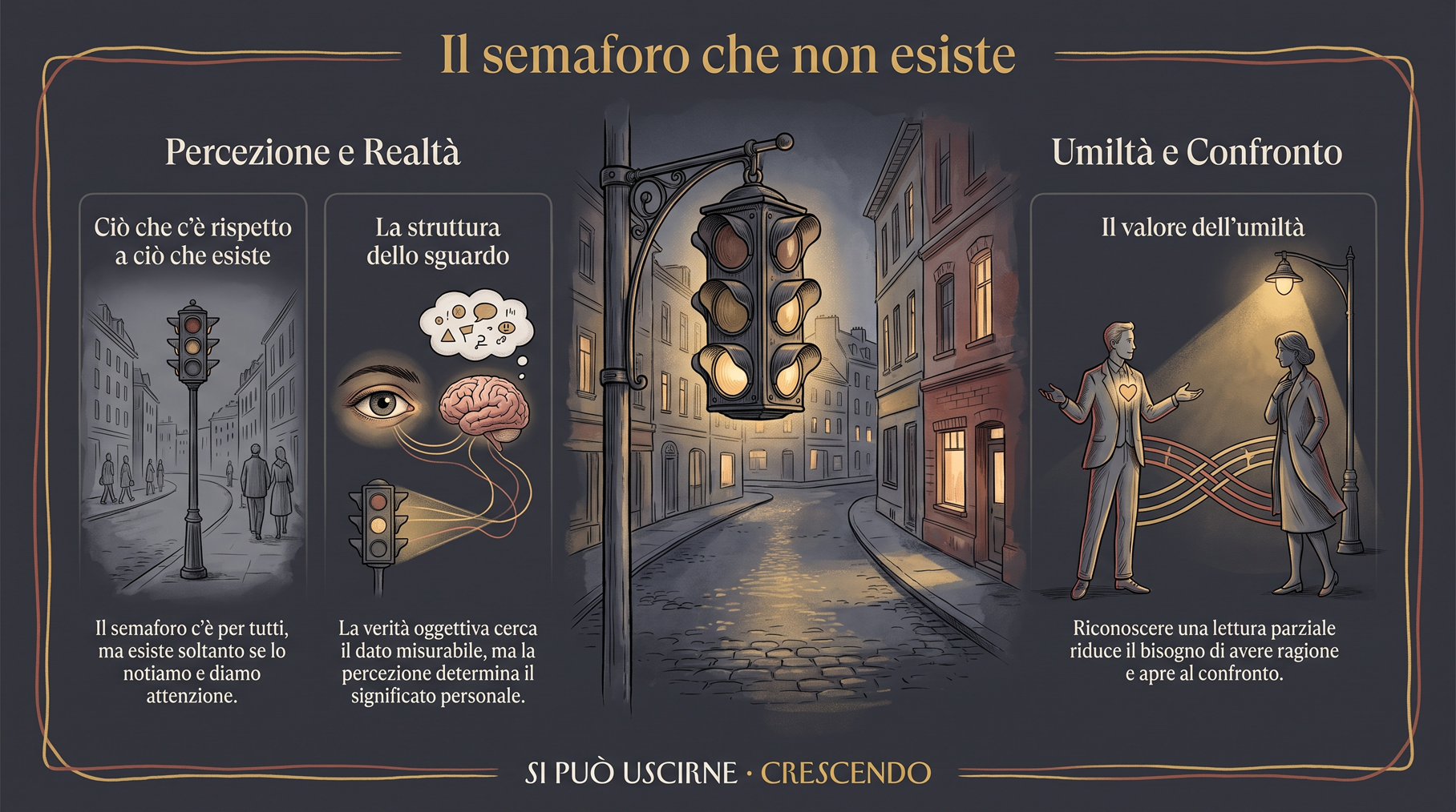 Infografica Il semaforo che non esiste — Il semaforo c'è per tutti, ma esiste solo se lo notiamo. Strada di sera con semaforo, occhio e cervello, due persone: riconoscere una lettura parziale.