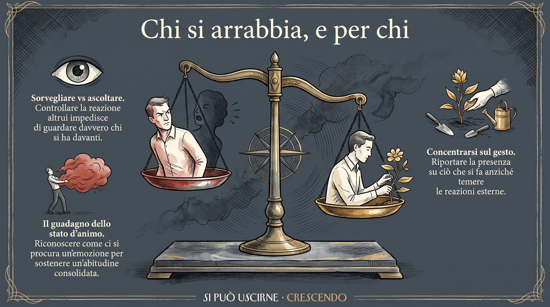 Infografica Chi si arrabbia, e per chi — Sorvegliare la reazione altrui impedisce di guardare chi si ha davanti. Bilancia: un uomo teso contro uno che cura un fiore; il guadagno dello stato d'animo.