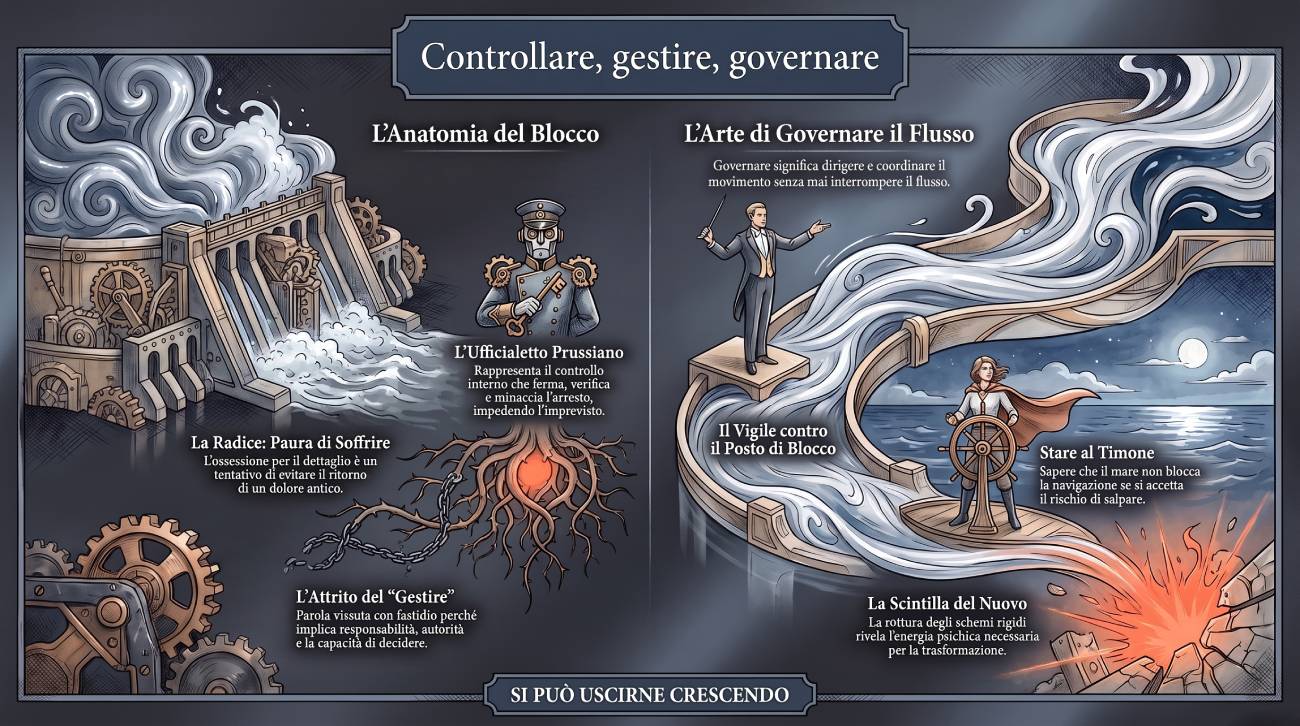 Controllare, gestire, governare — schema visivo emerso nella serata del Corpus Sibaldianum del 9 luglio 2026.