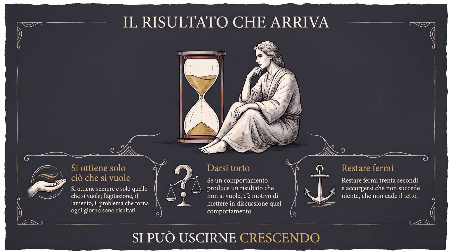 Una figura pensosa seduta accanto a una clessidra; sotto, tre riquadri: si ottiene solo ciò che si vuole, darsi torto, restare fermi trenta secondi.