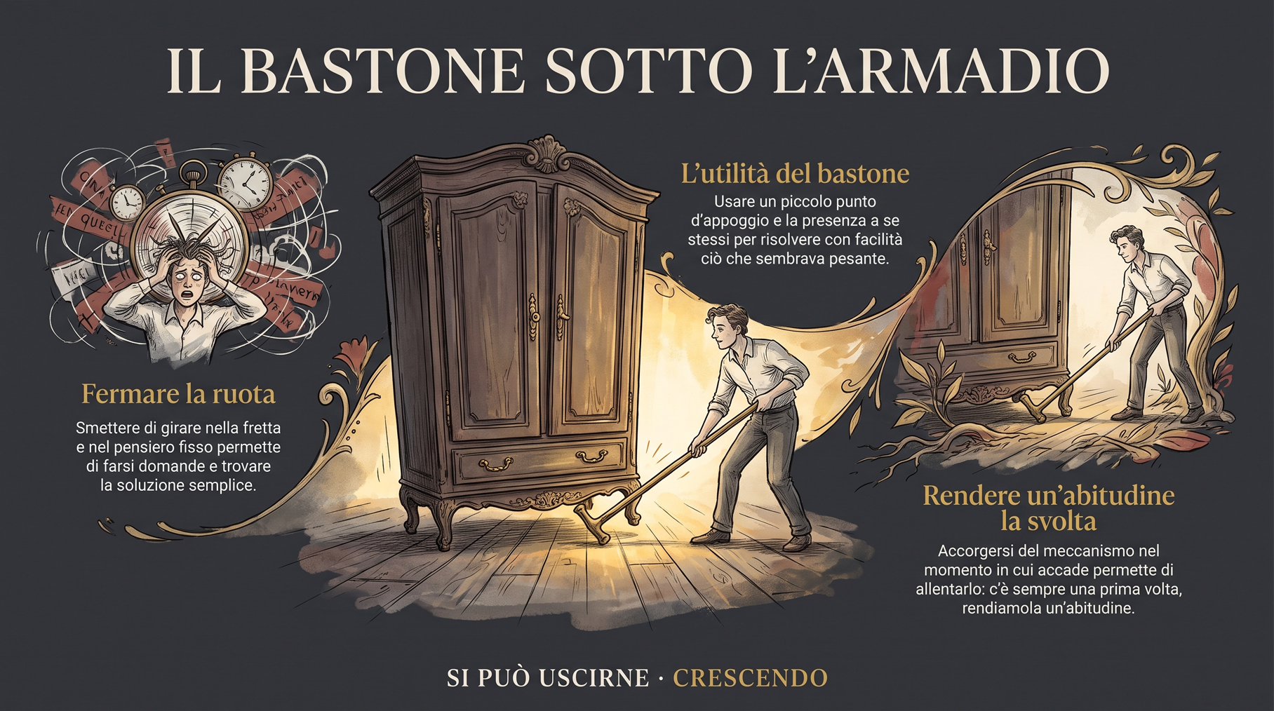 Infografica — Il bastone sotto l'armadio: fermare la ruota, usare il bastone, rendere un'abitudine la svolta. Un uomo solleva un armadio con un bastone.