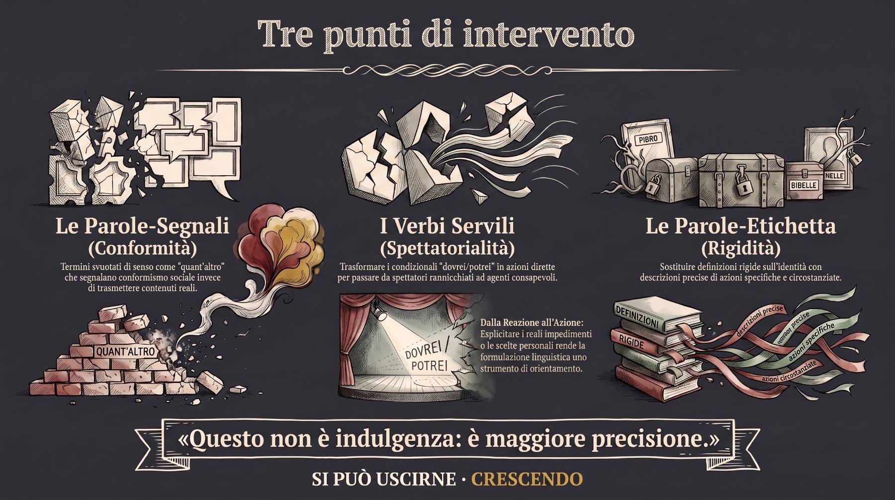 Tre punti di intervento sul linguaggio automatico — parole-segnali, verbi servili, parole-etichetta.