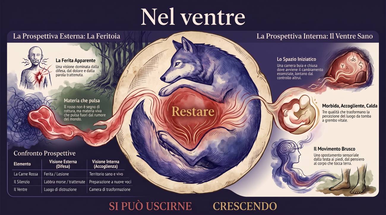 Illustrazione Parte III — Nel ventre: lo spazio che dall'esterno sembra distruzione e dall'interno si rivela accoglienza.