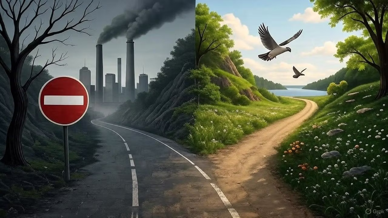 Due strade che divergono: a sinistra una strada asfaltata con cartello di divieto, a destra un sentiero naturale luminoso