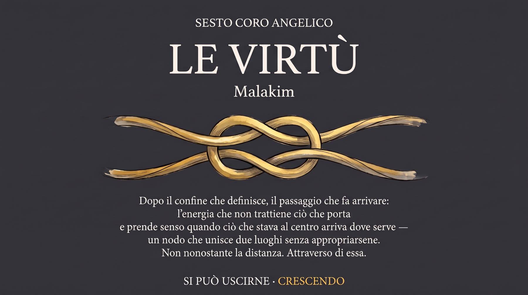 Copertina — Le Virtù, Malakim: il sesto coro angelico come un nodo d'oro che unisce due luoghi senza appropriarsene, il passaggio che fa arrivare ciò che sta al centro.