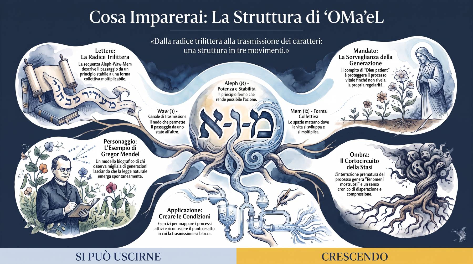 Mappa dei temi dell'articolo su ʼOMaʼeL: lettere, mandato, personaggio, ombra, applicazione.