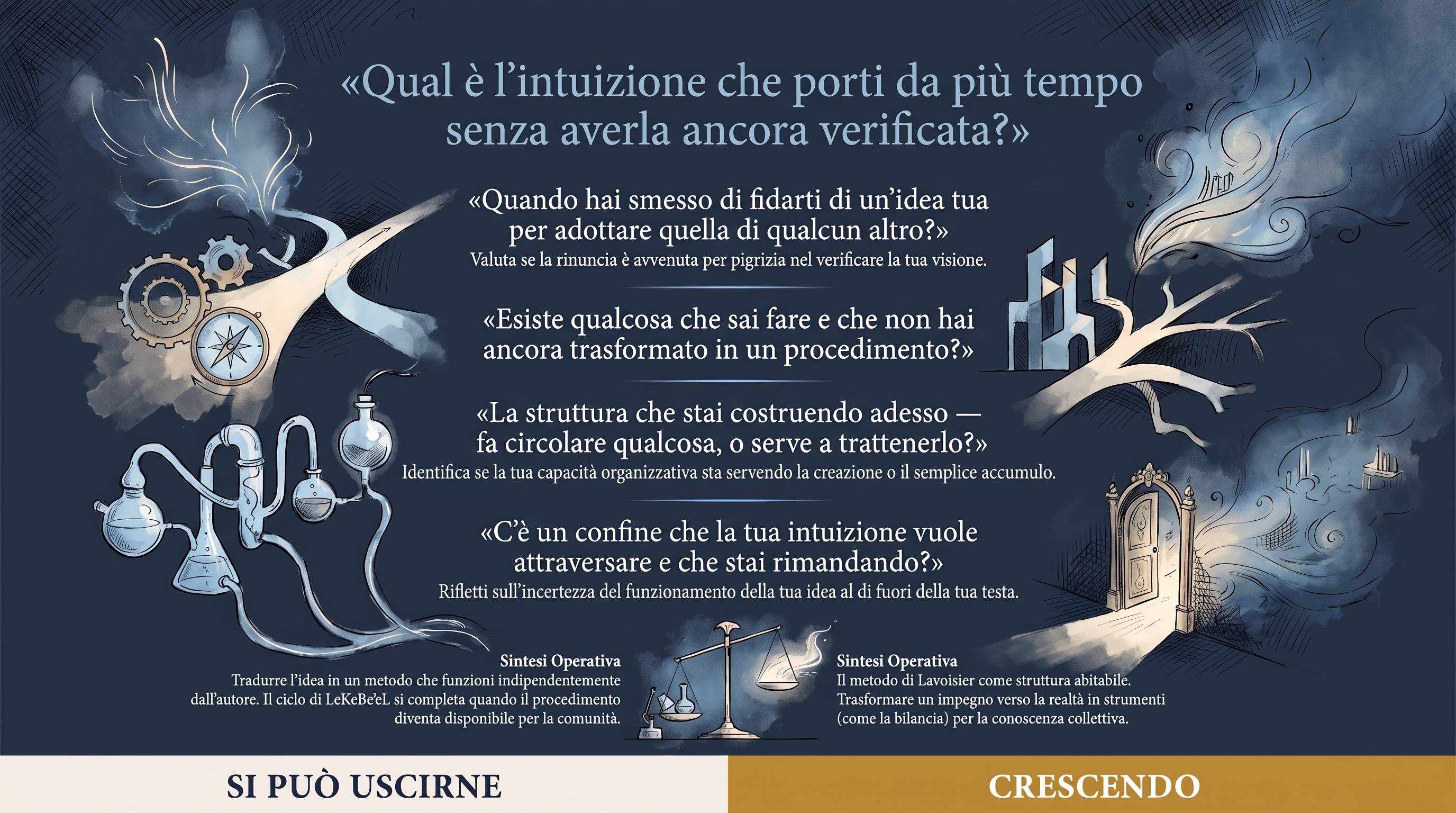 Infografica Domande — qual è l'intuizione che porti da più tempo senza averla verificata? Cinque domande operative su sfondo blu notte in azzurro nebbioso.