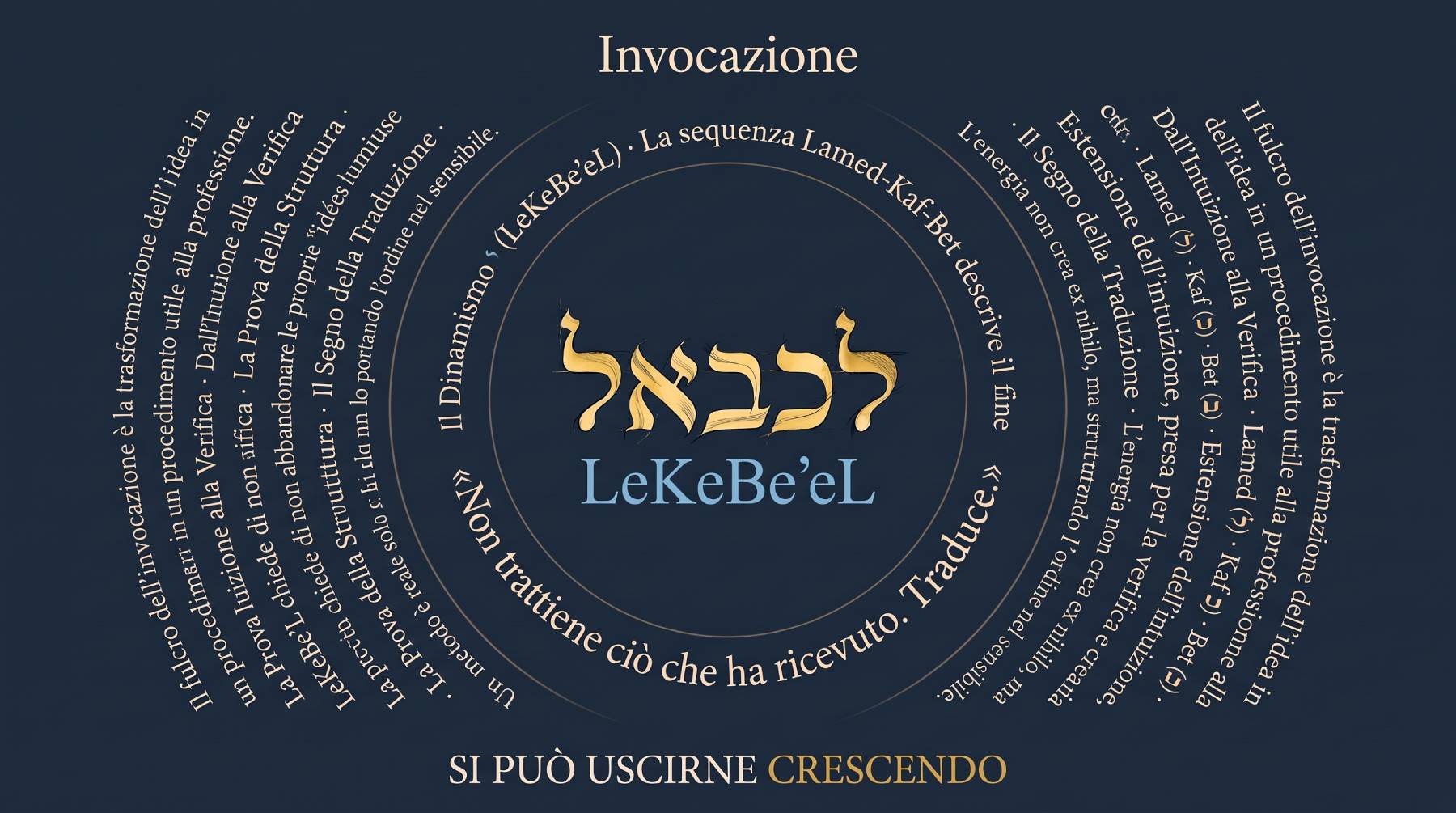 Infografica Invocazione — LeKeBeʼeL: non trattiene ciò che ha ricevuto, traduce. Nome ebraico לכבאל in giallo fulmine al centro su sfondo blu notte profondo.