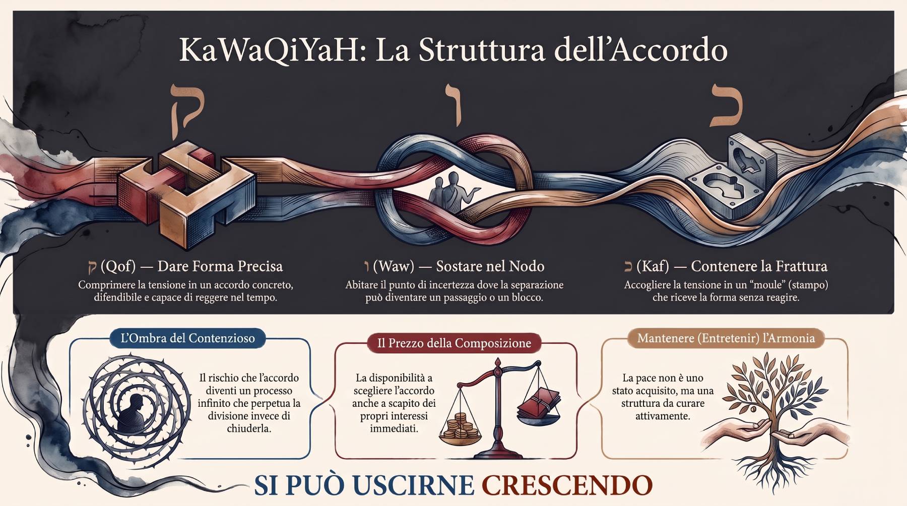 Infografica Parte II — כ · ו · ק: sequenza Kaf, Waw, Qof come dinamismo in tre fasi. Lettere ebraiche in composizione strutturale da destra a sinistra.