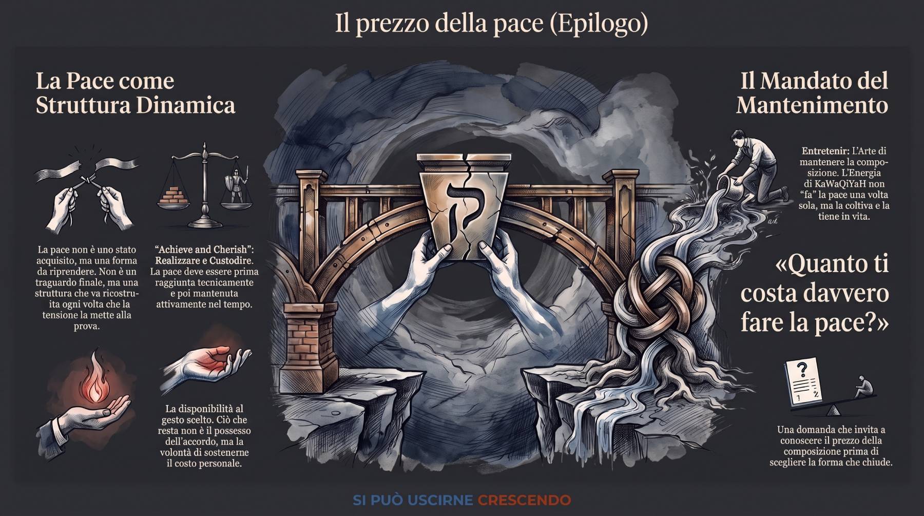 Infografica Epilogo — Il prezzo della pace: ciò che resta, la disponibilità a riprendere la forma ogni volta che la tensione la mette alla prova.