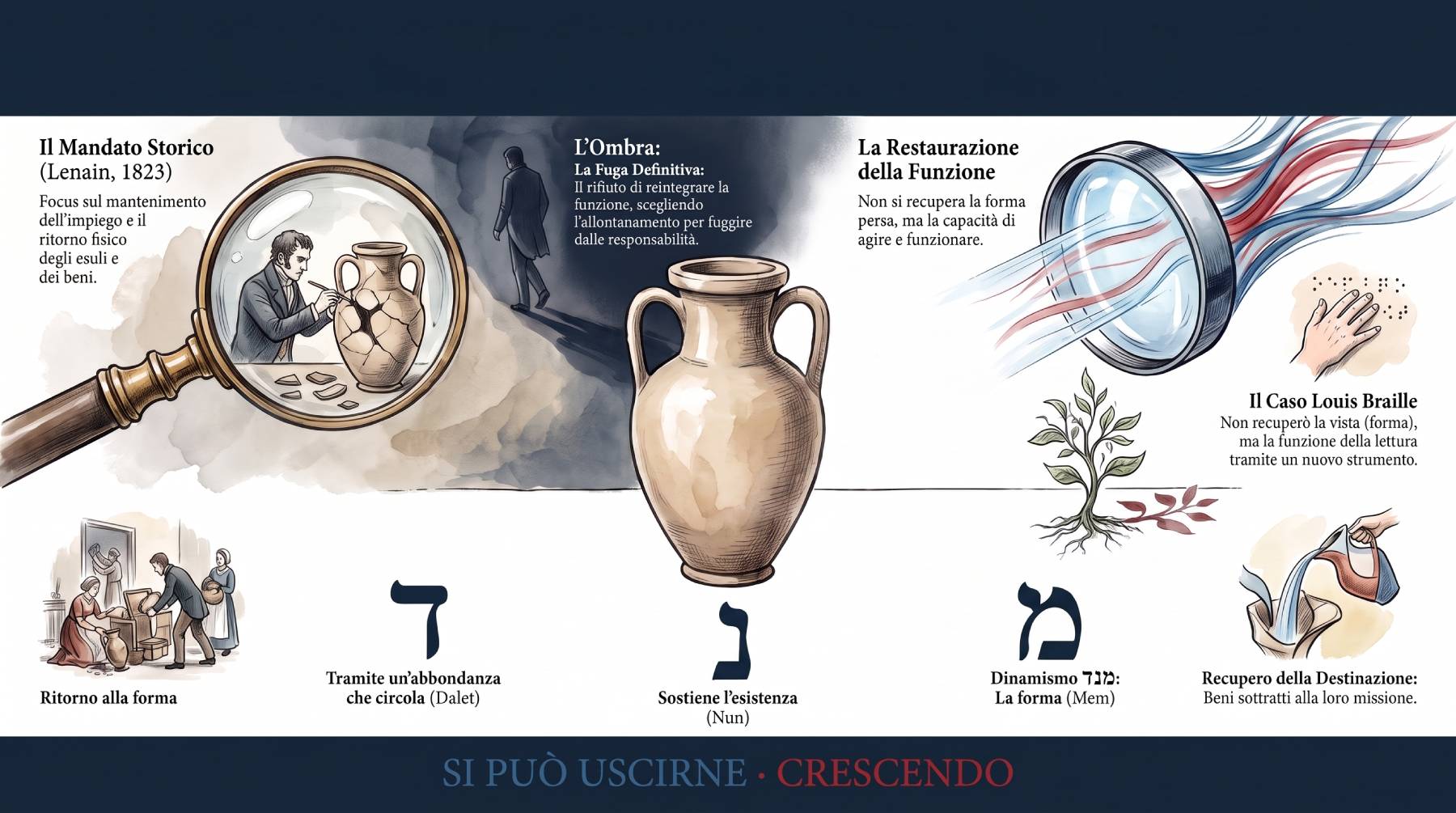 Infografica Doppia Lente — MaNaDeʼeL: mandato Lenain su impiego, sussistenza e beni smarriti a confronto con la rilettura del Corpus sulle lettere Mem, Nun, Dalet.