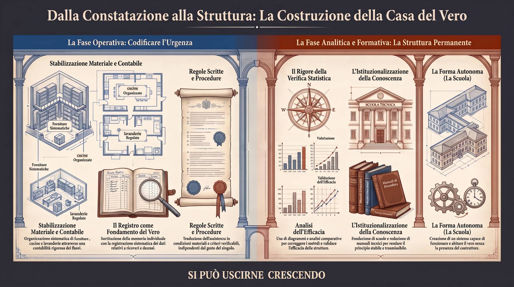 Infografica Parte III — Dalla constatazione alla struttura: la casa del vero. Dalla fase operativa (forniture, cucine, registri, regole) alla scuola come forma autonoma.