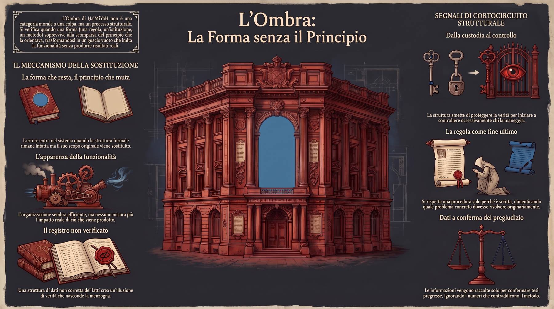 Infografica Parte IV — L'ombra: la forma senza il principio. Un edificio rosso con il centro vuoto: la forma sopravvive allo scopo e la struttura passa dalla custodia al controllo.