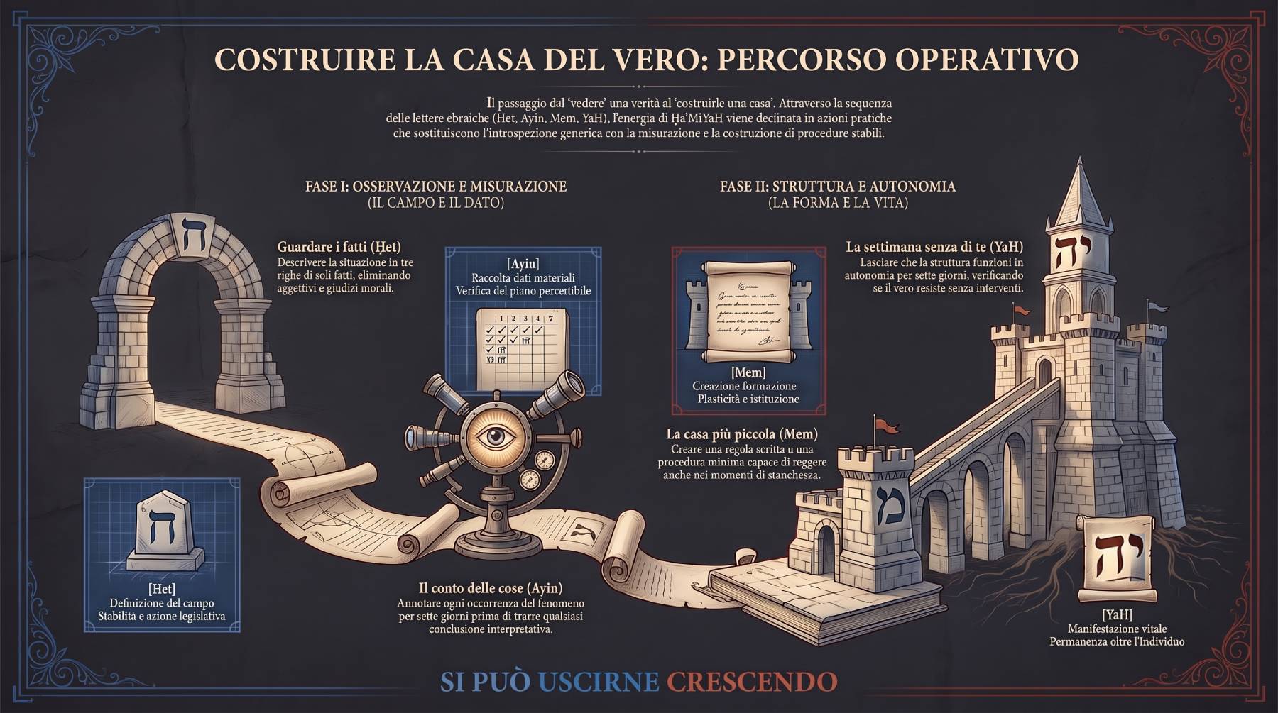 Infografica Esercizi — Costruire la casa del vero: percorso operativo. Quattro esercizi su Ḥet, Ayin, Mem, YaH: guardare i fatti, contare sette giorni, la casa più piccola, la settimana senza di te.