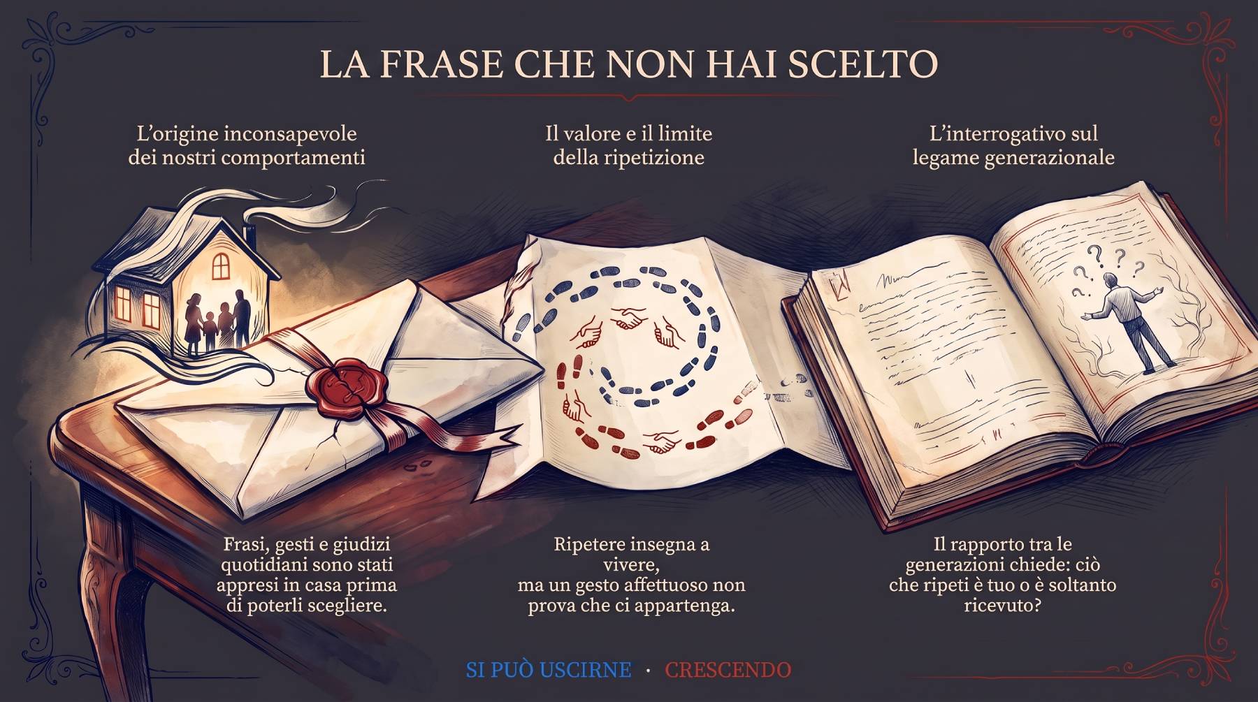 Infografica Prologo — La frase che non hai scelto: ciò che ripeti è tuo o soltanto ricevuto? Una casa illuminata, una lettera sigillata, un percorso di orme e un libro aperto con una figura perplessa.