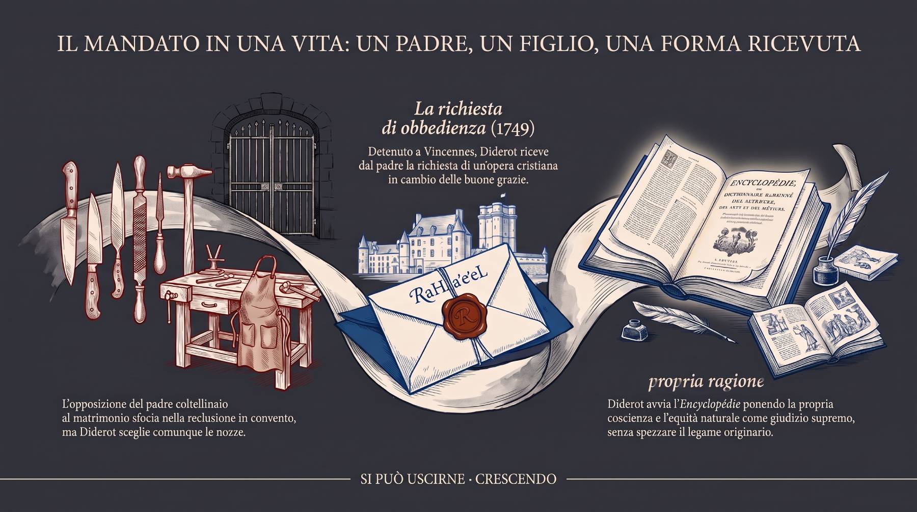 Infografica Parte III — Il mandato in una vita: un padre, un figlio, una forma ricevuta. Gli attrezzi del coltellinaio, la lettera di Vincennes (1749) e l'Encyclopédie: la direzione scelta da Diderot.