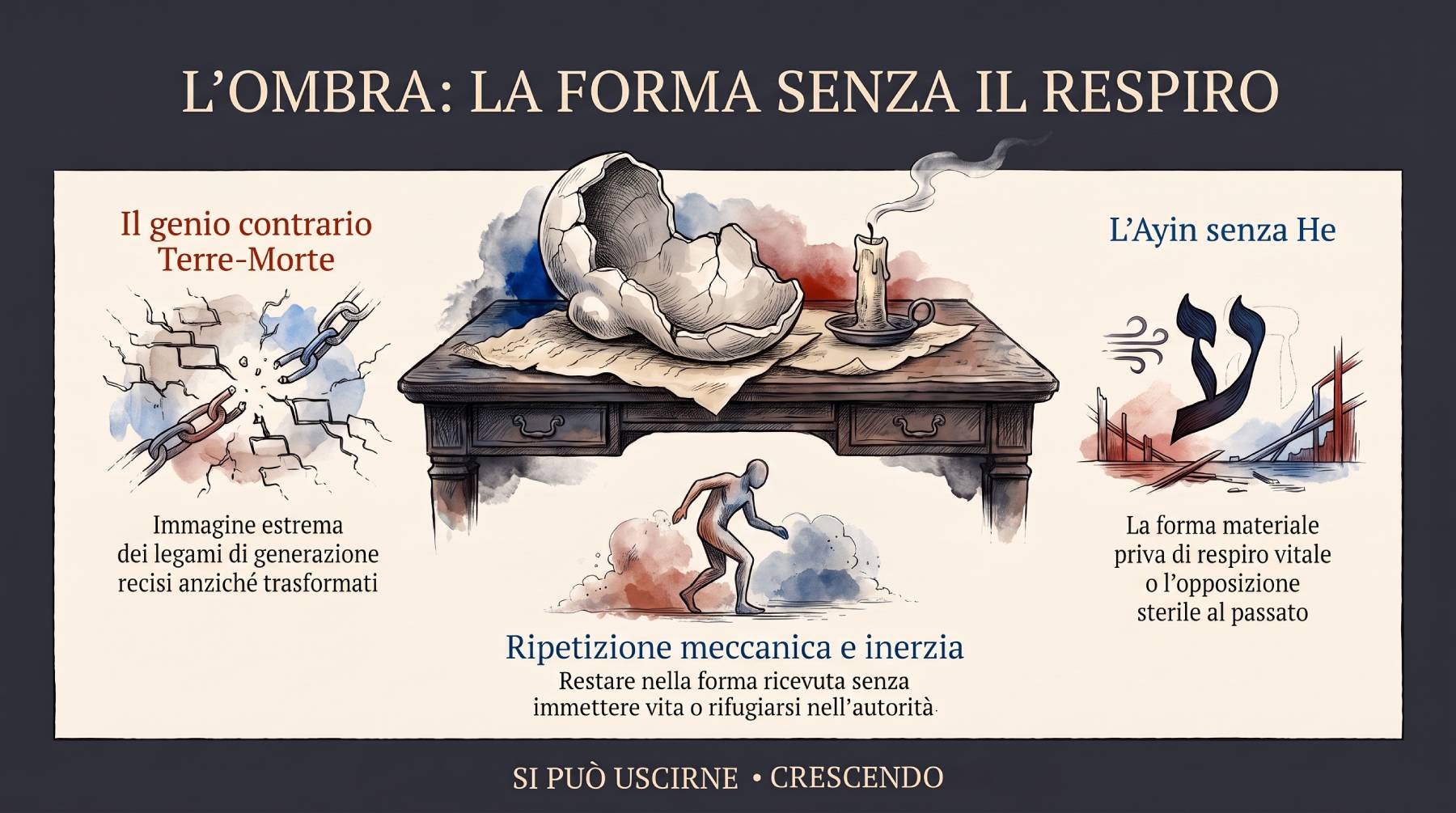 Infografica Parte IV — L'ombra: la forma senza il respiro. Un guscio spezzato e una candela spenta su una scrivania: legami recisi, ripetizione meccanica e l'Ayin senza He.