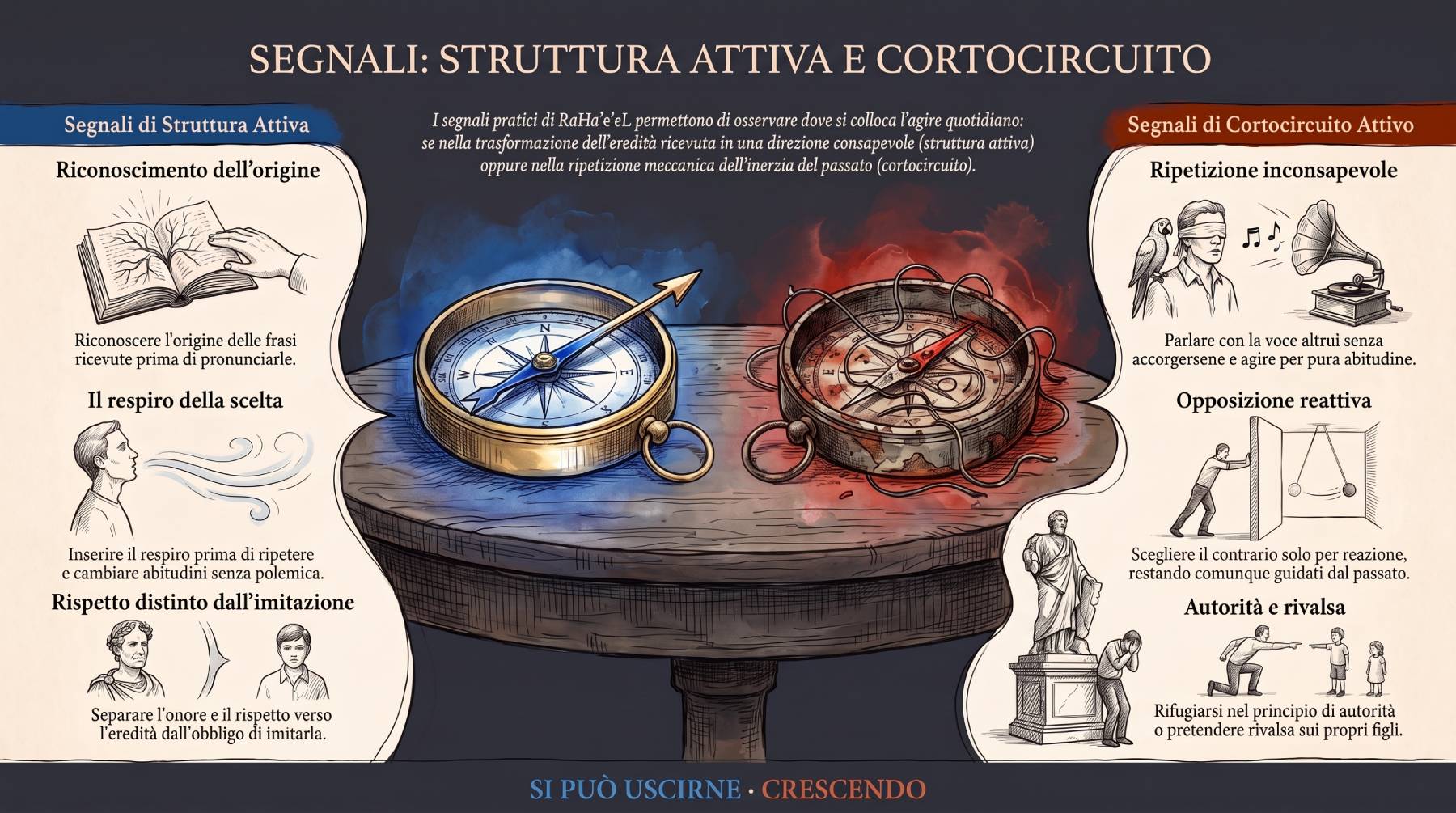 Infografica Segnali — Struttura attiva e cortocircuito. Due bussole, una blu e limpida, una rossa e arrugginita, mettono a confronto sei segnali: origine, respiro, ripetizione, opposizione.