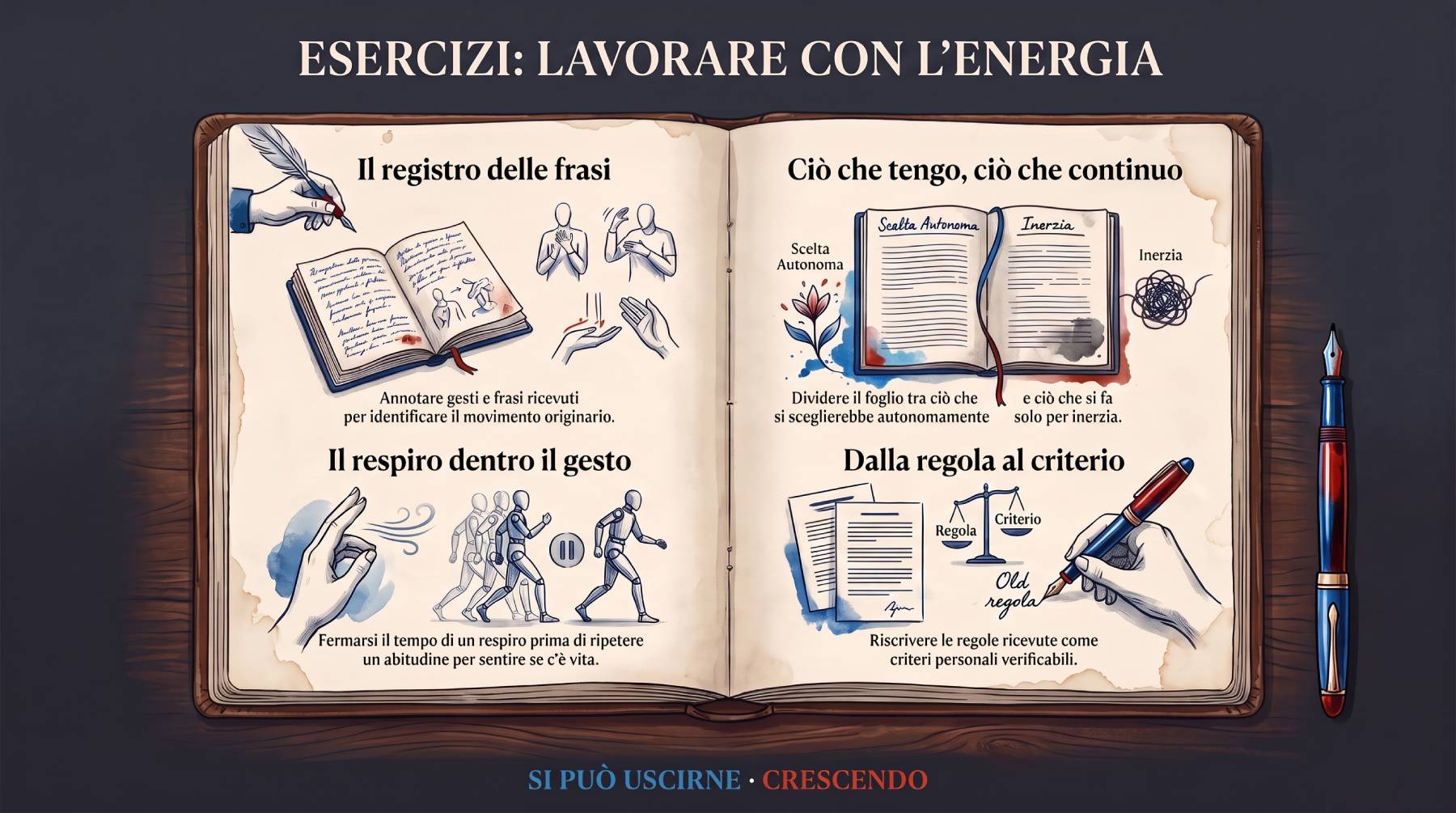 Infografica Esercizi — Lavorare con l'energia. Un quaderno aperto con quattro pratiche: il registro delle frasi, il respiro dentro il gesto, ciò che tengo e ciò che continuo, dalla regola al criterio.