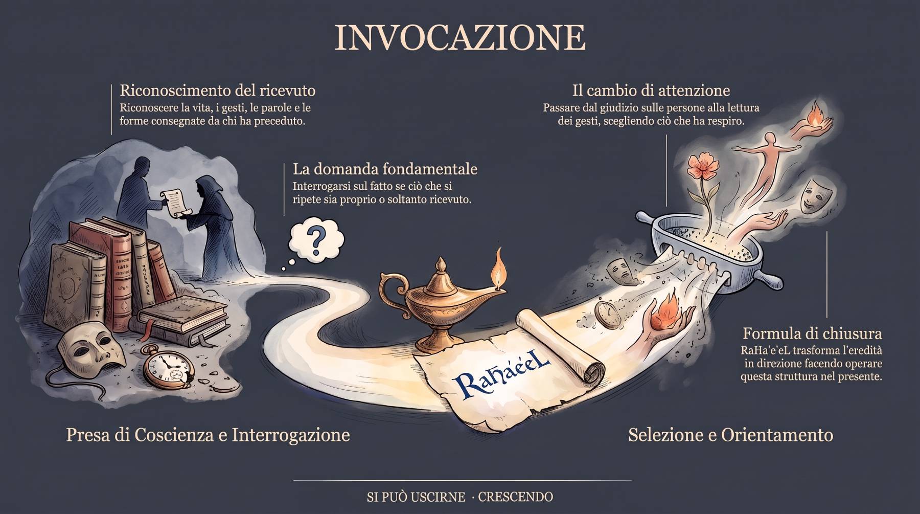 Infografica Invocazione — Un atto di riorientamento interiore: riconoscere il ricevuto, porsi la domanda, cambiare attenzione. Libri e maschere a sinistra, un setaccio che sceglie ciò che ha respiro.