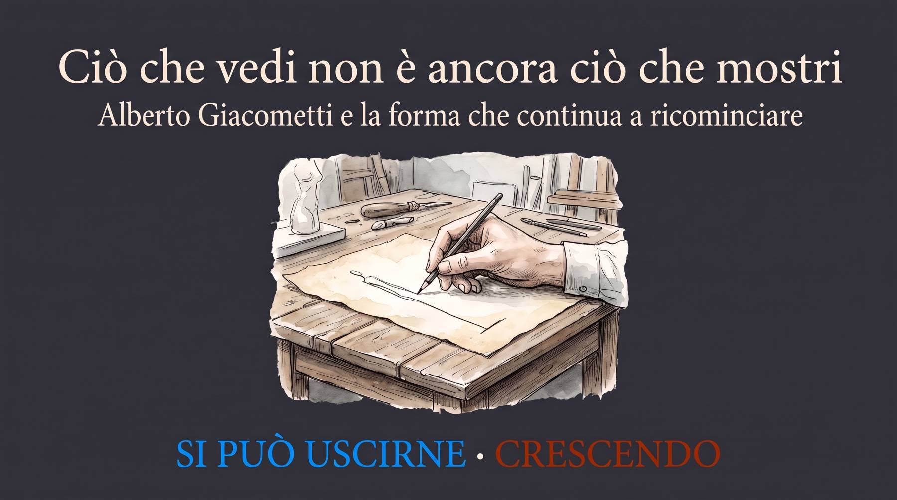 Copertina — Ciò che vedi non è ancora ciò che mostri: una mano disegna a matita su un foglio sul tavolo di un atelier; il tema è la visione che deve diventare tratto.