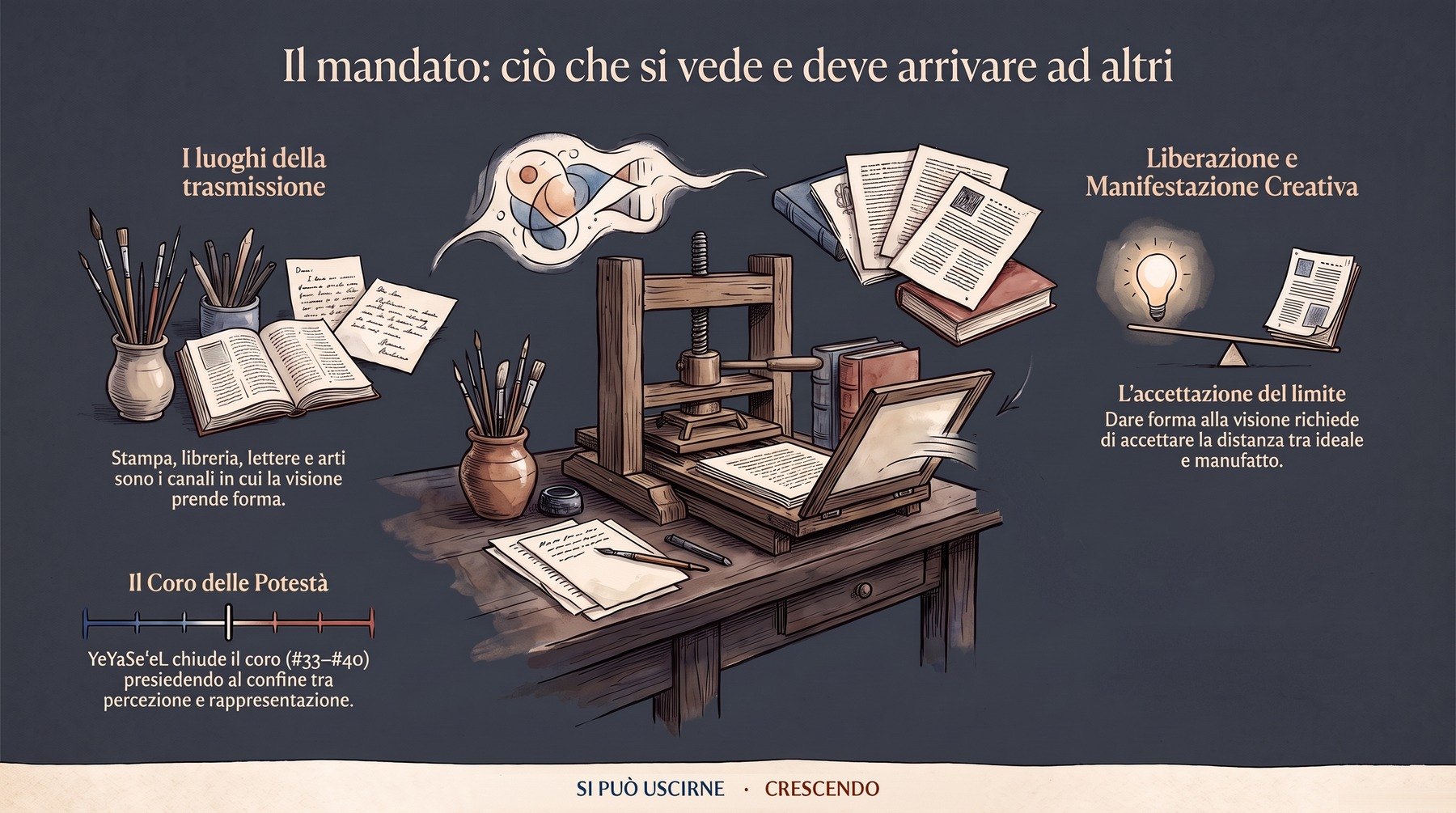 Infografica Parte I — Il mandato: ciò che si vede e deve arrivare ad altri: torchio, libri, pennelli e lettere su un tavolo; stampa, libreria, lettere e arti come luoghi dove la visione prende forma.