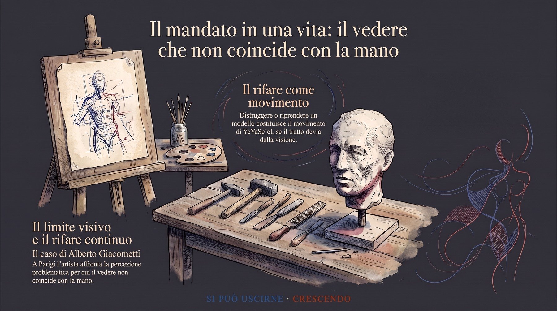 Infografica Parte III — Il mandato in una vita: il vedere che non coincide con la mano: cavalletto con schizzo, utensili da scultore e una testa su base; Giacometti e il rifare come movimento.