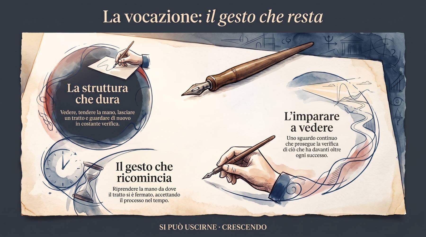 Infografica Parte V — La vocazione: il gesto che resta: pergamena con penna stilografica e una mano che scrive; la struttura che dura, l'imparare a vedere, il gesto che ricomincia.