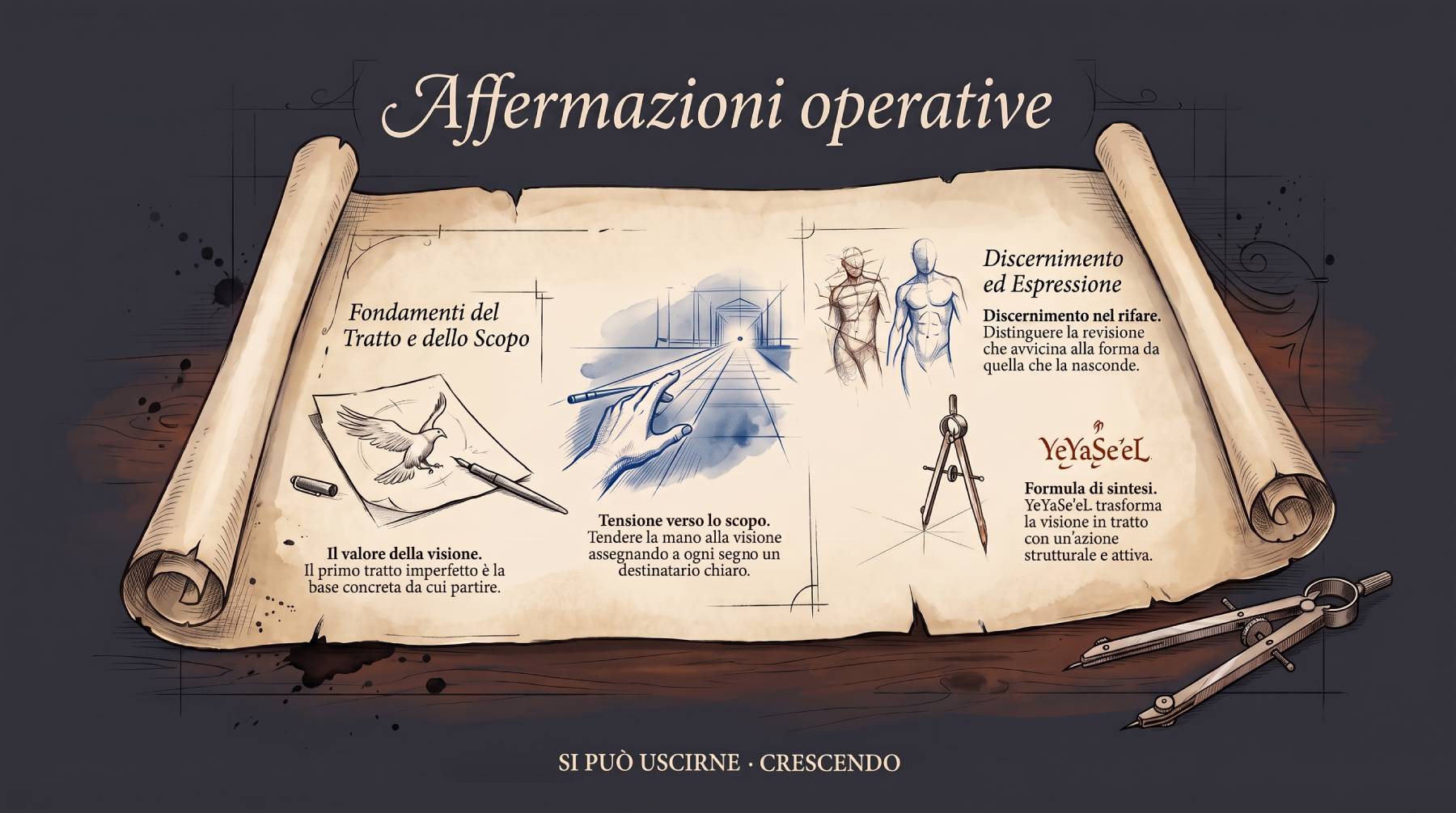 Infografica Affermazioni — Affermazioni operative: una pergamena con schizzi (colomba, mano verso un punto di fuga, compasso) e formule su valore della visione, scopo, rifare e sintesi di YeYaSeʼeL.