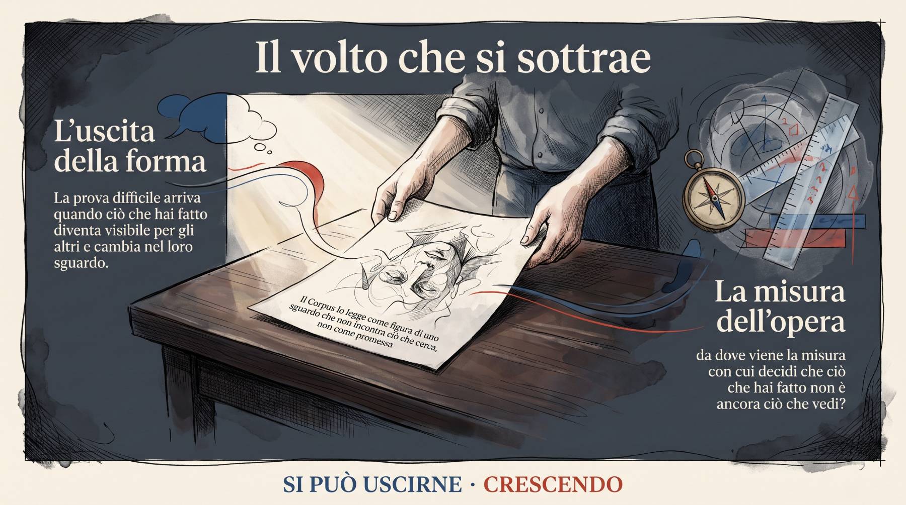 Infografica Epilogo — La misura del tratto: due mani reggono un foglio con un volto; il volto che si sottrae come figura di uno sguardo che non incontra ciò che cerca, e la domanda sulla misura.
