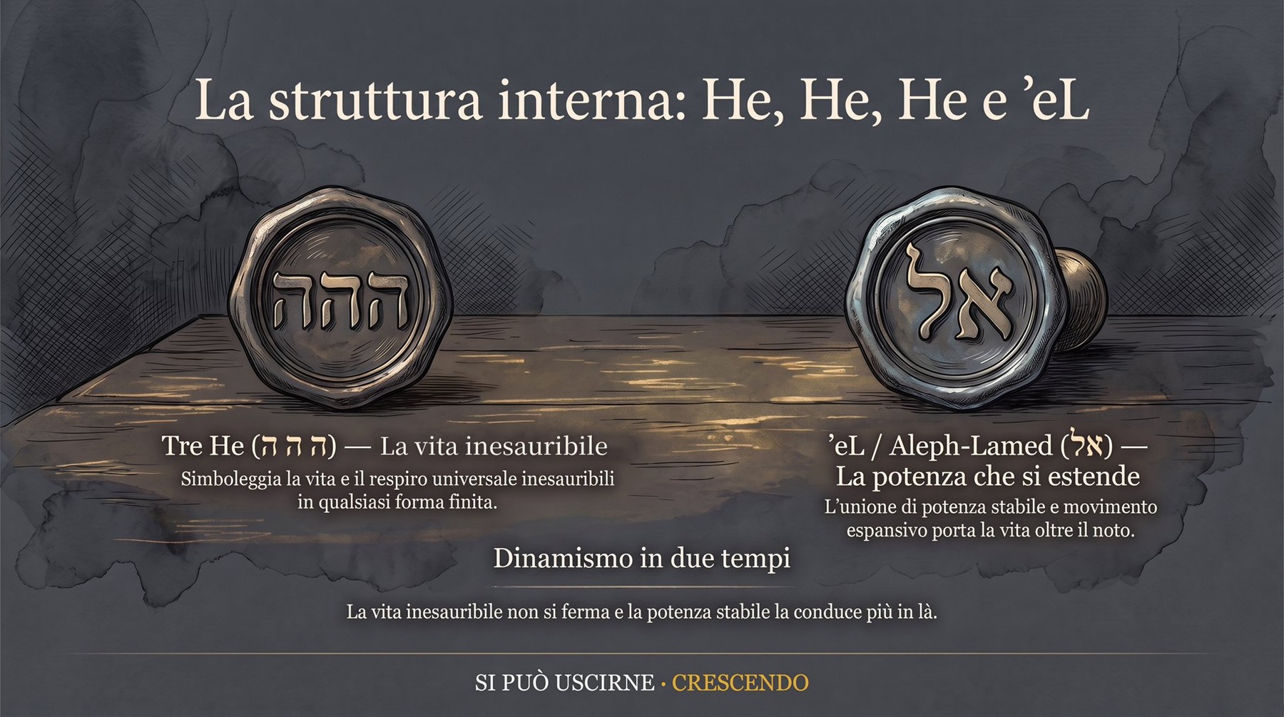 Infografica Parte II — He, He, He e ʼeL: due sigilli di cera con ההה e אל su un tavolo; la vita che non si esaurisce in nessuna forma e la potenza stabile che la porta oltre.