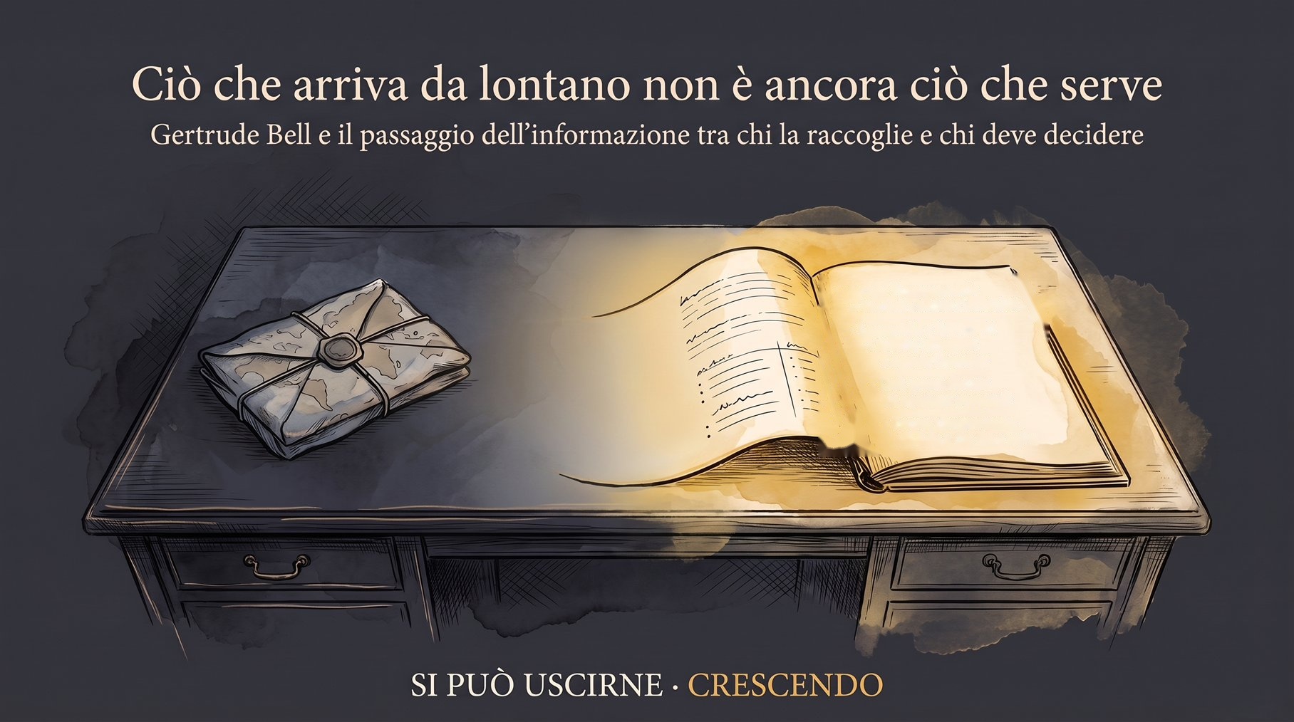 Copertina — Ciò che arriva da lontano non è ancora ciò che serve: una scrivania con una lettera sigillata nell'ombra e un libro aperto illuminato; Gertrude Bell e il passaggio dell'informazione.