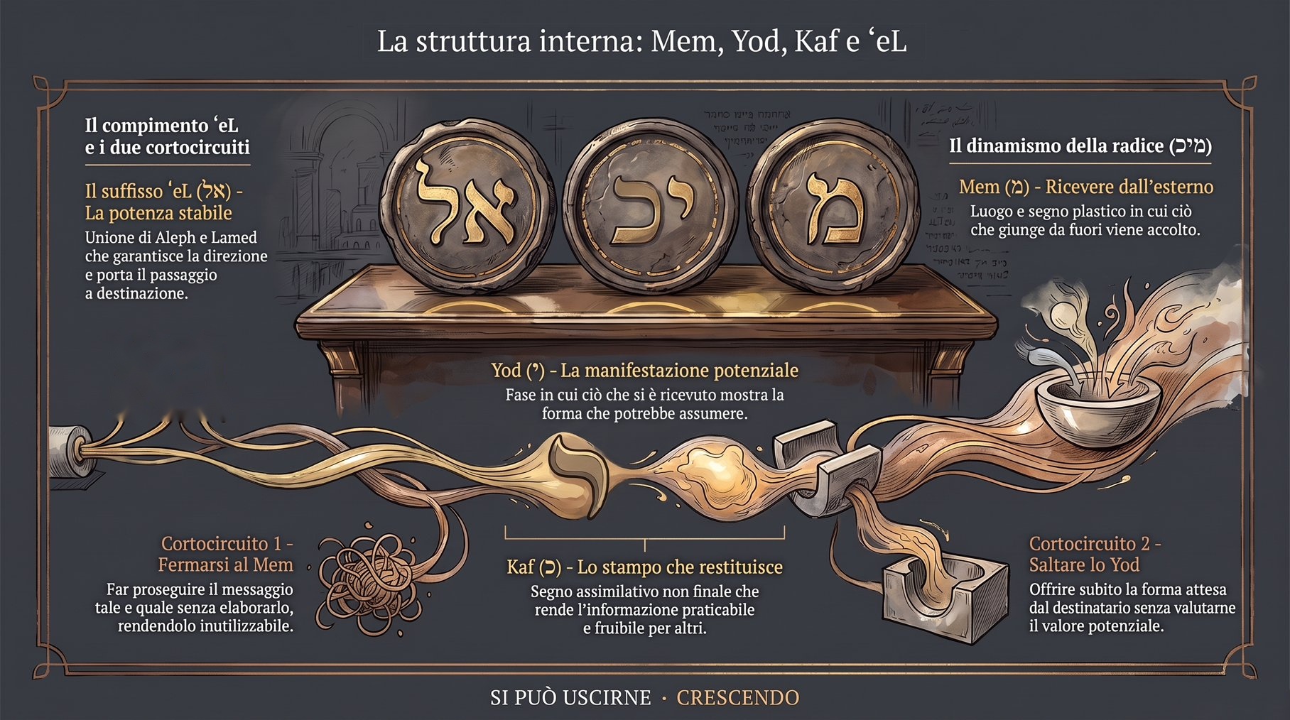 Infografica Parte II — La struttura interna: Mem, Yod, Kaf e ʼeL: tre sigilli con le lettere ebraiche; il flusso che arriva, prende forma e si restituisce, con due cortocircuiti.
