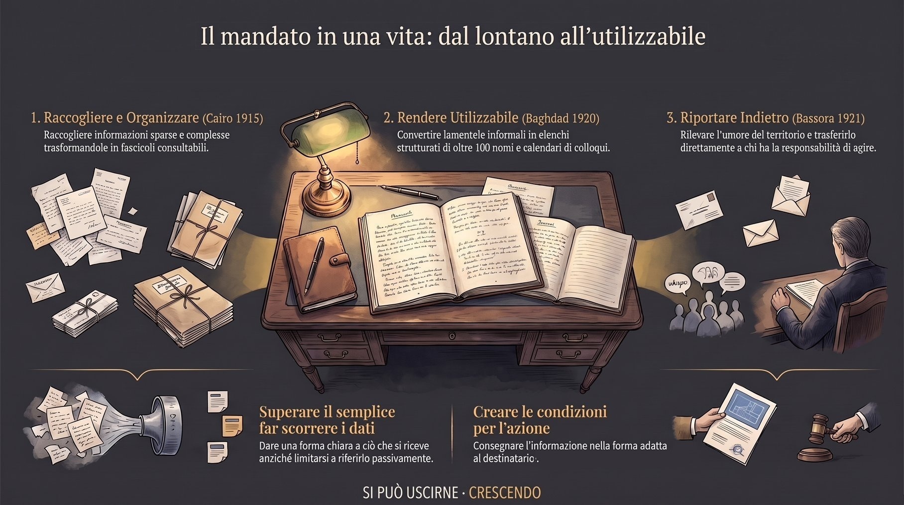 Infografica Parte III — Il mandato in una vita: dal lontano all'utilizzabile: tre momenti del caso di Gertrude Bell (Cairo 1915, Baghdad 1920, Bassora 1921) intorno a una scrivania.