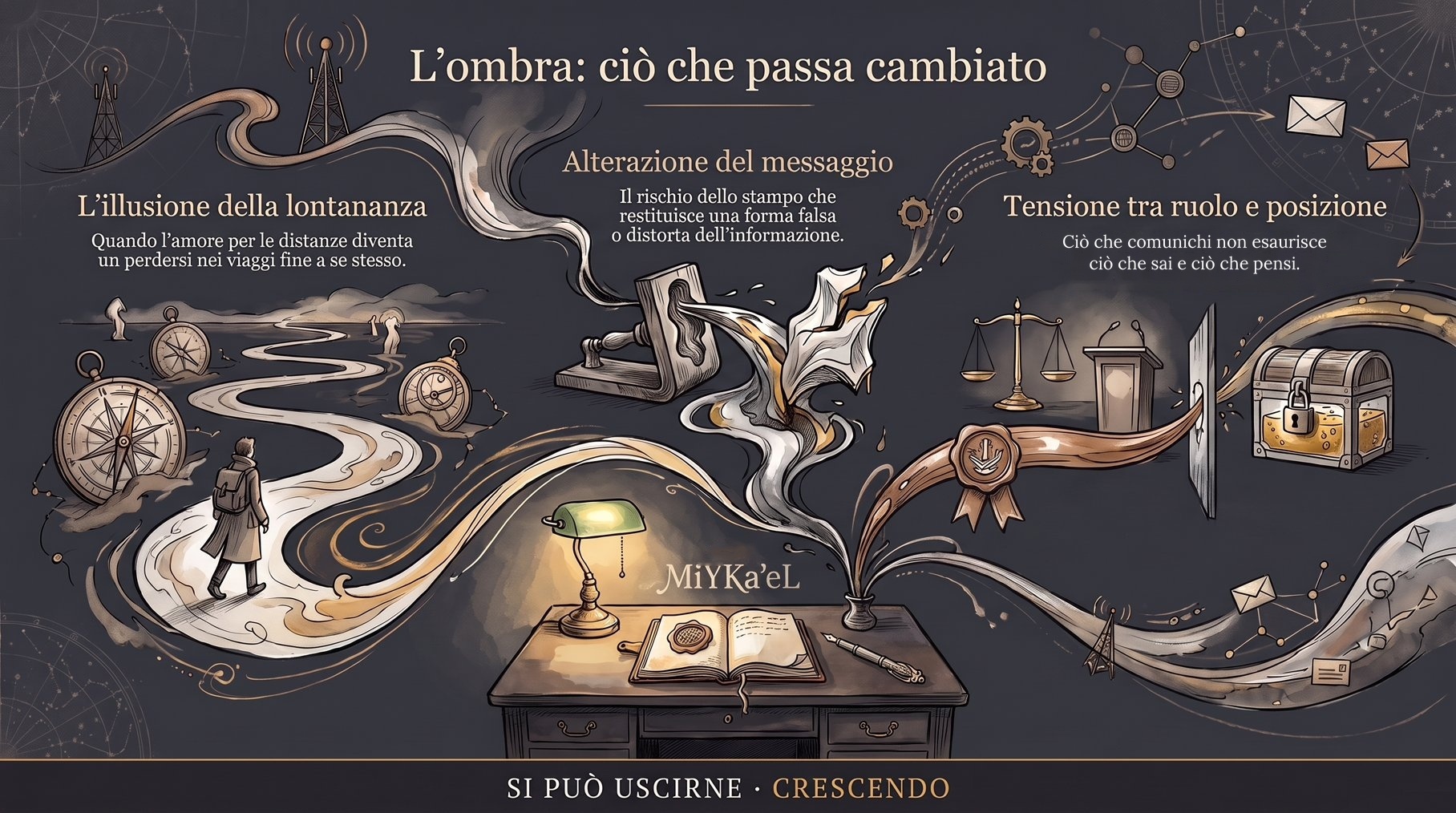 Infografica Parte IV — L'ombra: ciò che passa cambiato: un sentiero tra le distanze, uno stampo che altera il messaggio, una bilancia e un forziere per la tensione tra ruolo e posizione.