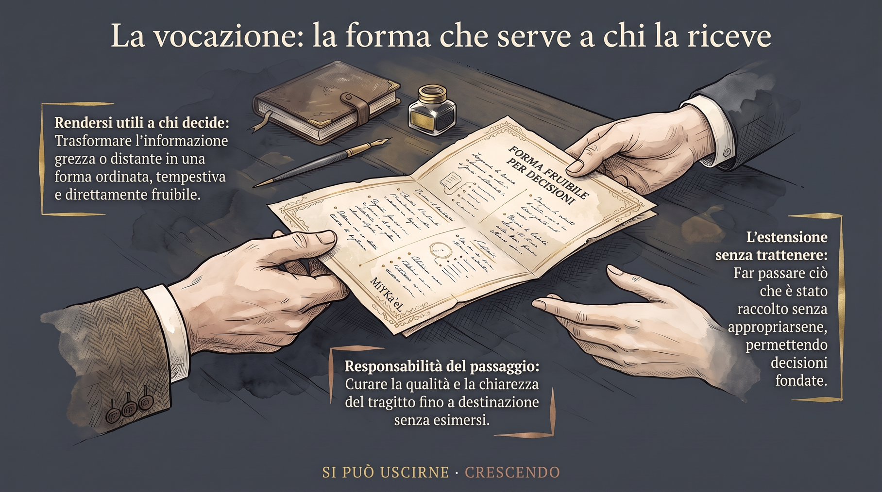 Infografica Parte V — La vocazione: la forma che serve a chi la riceve: due mani si passano un foglio ordinato; rendersi utili a chi decide, estendere senza trattenere, responsabilità del passaggio.