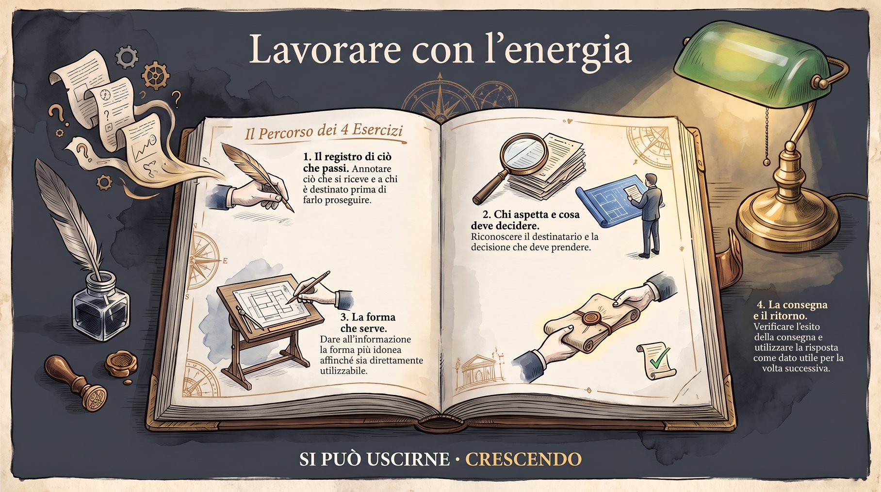 Infografica Esercizi — Lavorare con l'energia: un libro aperto con i quattro esercizi: il registro di ciò che passi, chi aspetta e che cosa deve decidere, la forma che serve, la consegna e il ritorno.