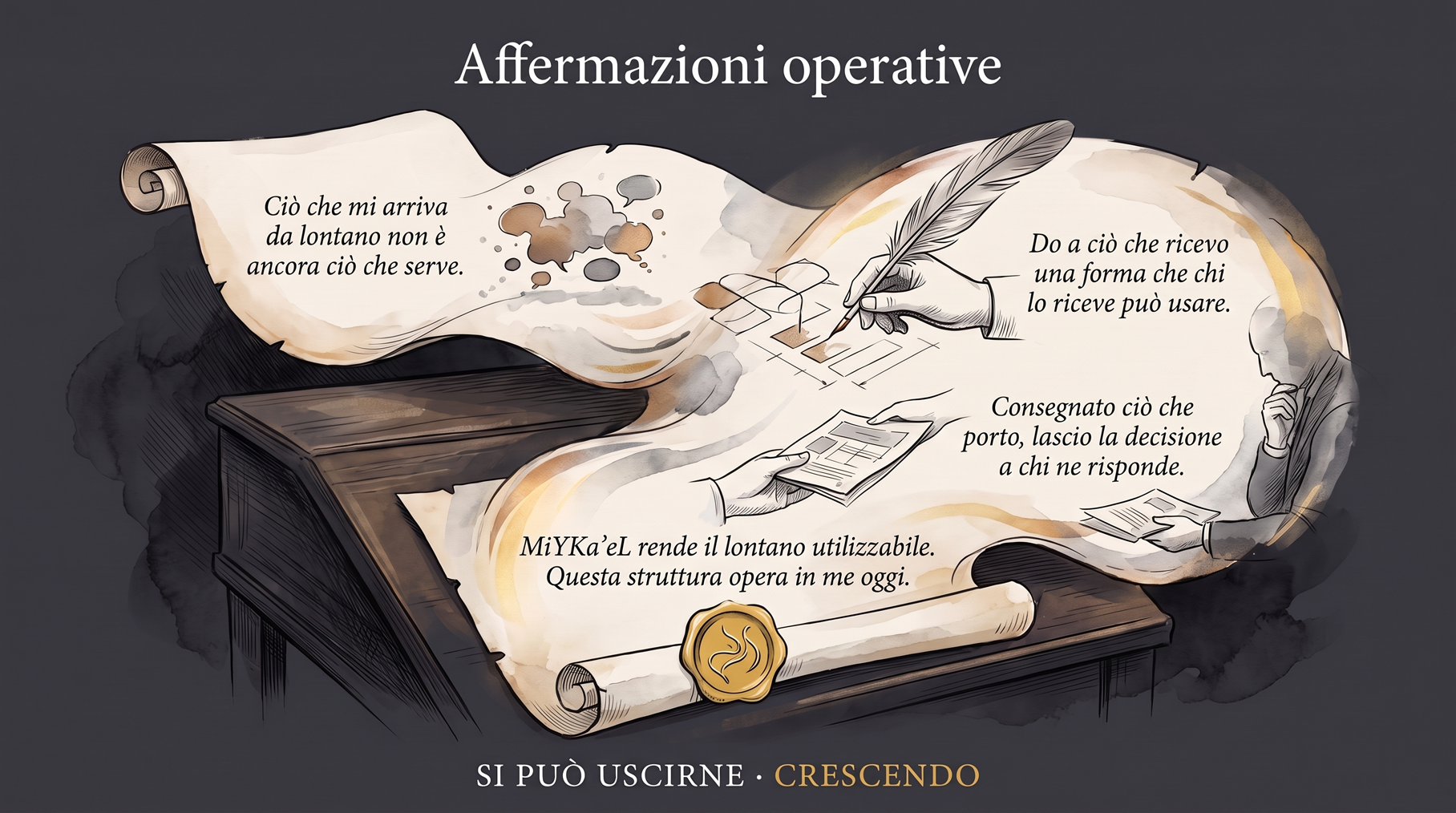Infografica Affermazioni — Affermazioni operative: una pergamena con le quattro affermazioni, tra cui «Ciò che mi arriva da lontano non è ancora ciò che serve»; una penna d'oca e un sigillo.