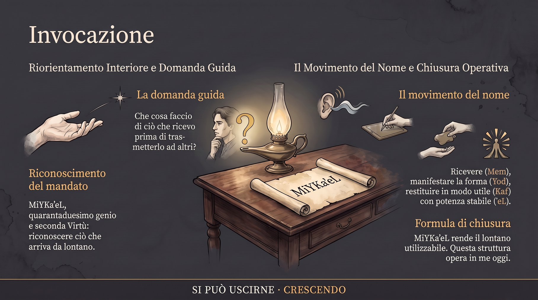 Infografica Invocazione — MiYKaʼeL rende il lontano utilizzabile: una lampada a olio e una pergamena; la domanda guida, il riconoscimento del mandato, il movimento del nome e la formula di chiusura.