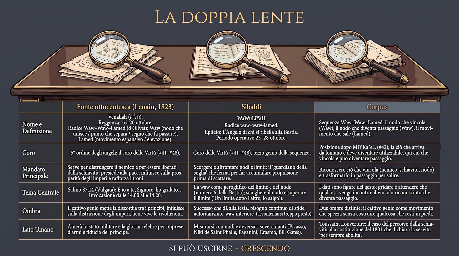 Infografica Doppia Lente — WaWuLiYaH: tre lenti su carte e libri sopra una tabella a tre colonne (Lenain, Sibaldi, Corpus) che confronta nome, coro, mandato, tema centrale, ombra e lato umano.
